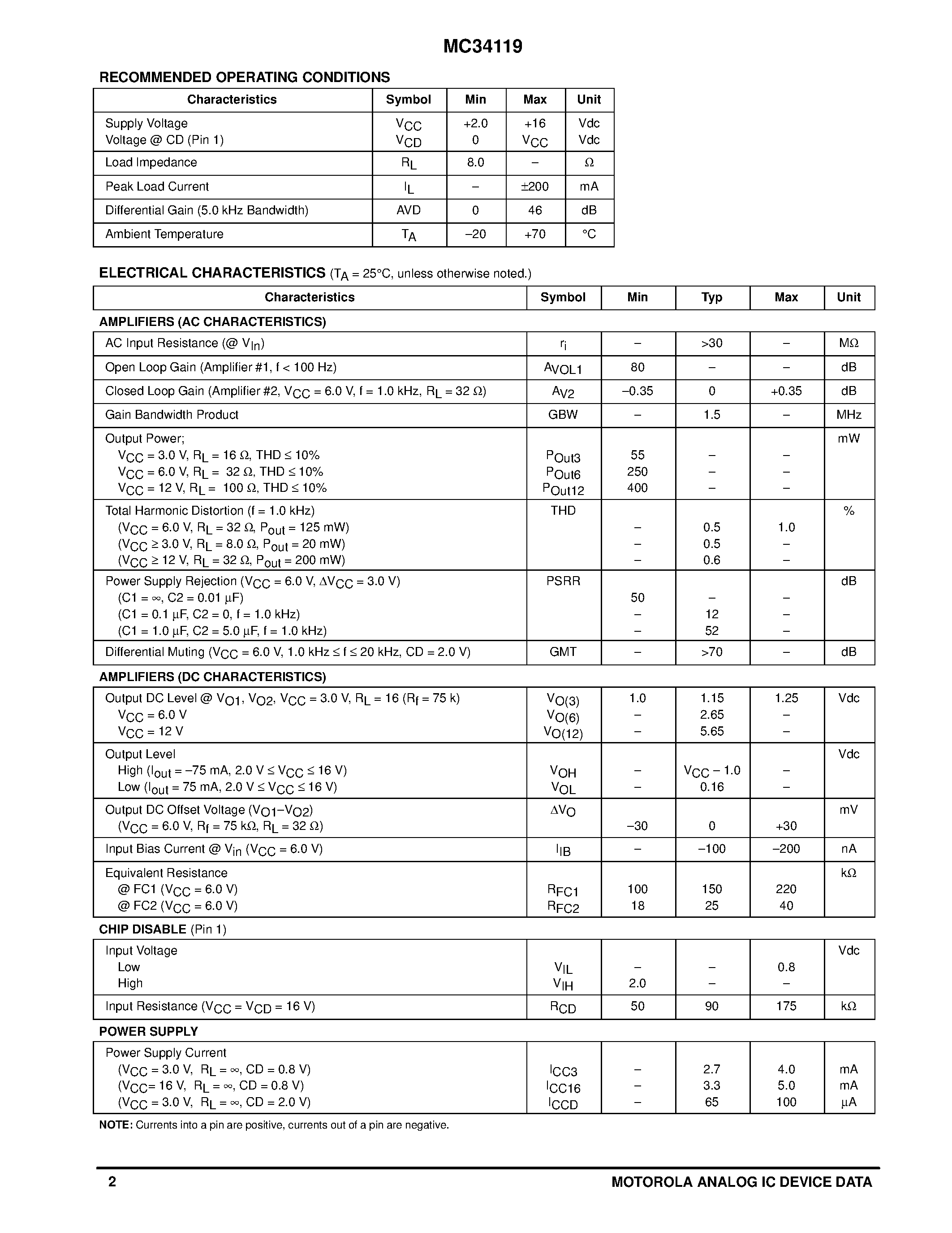 Даташит MC34119 - LOW POWER AUDIO AMPLIFIER страница 2