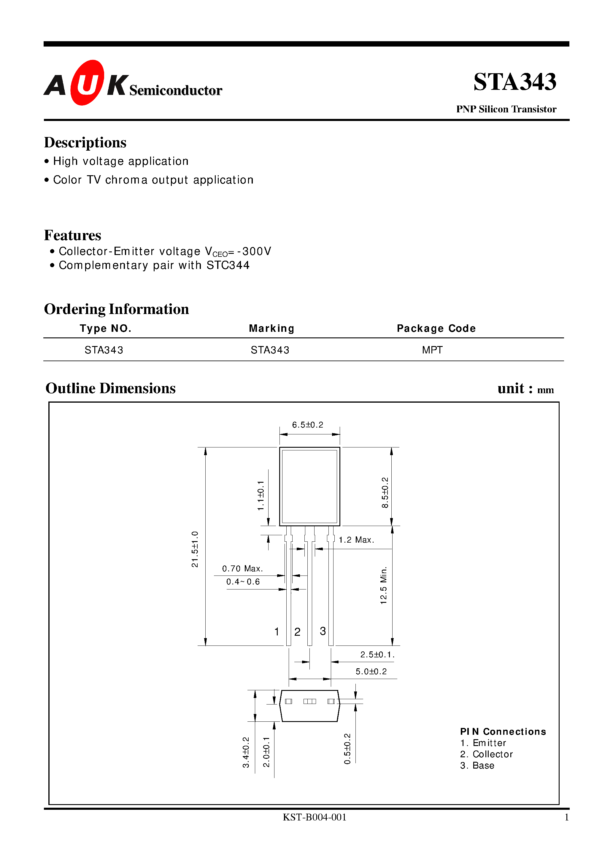 Даташит STA343 - PNP Silicon Transistor страница 1