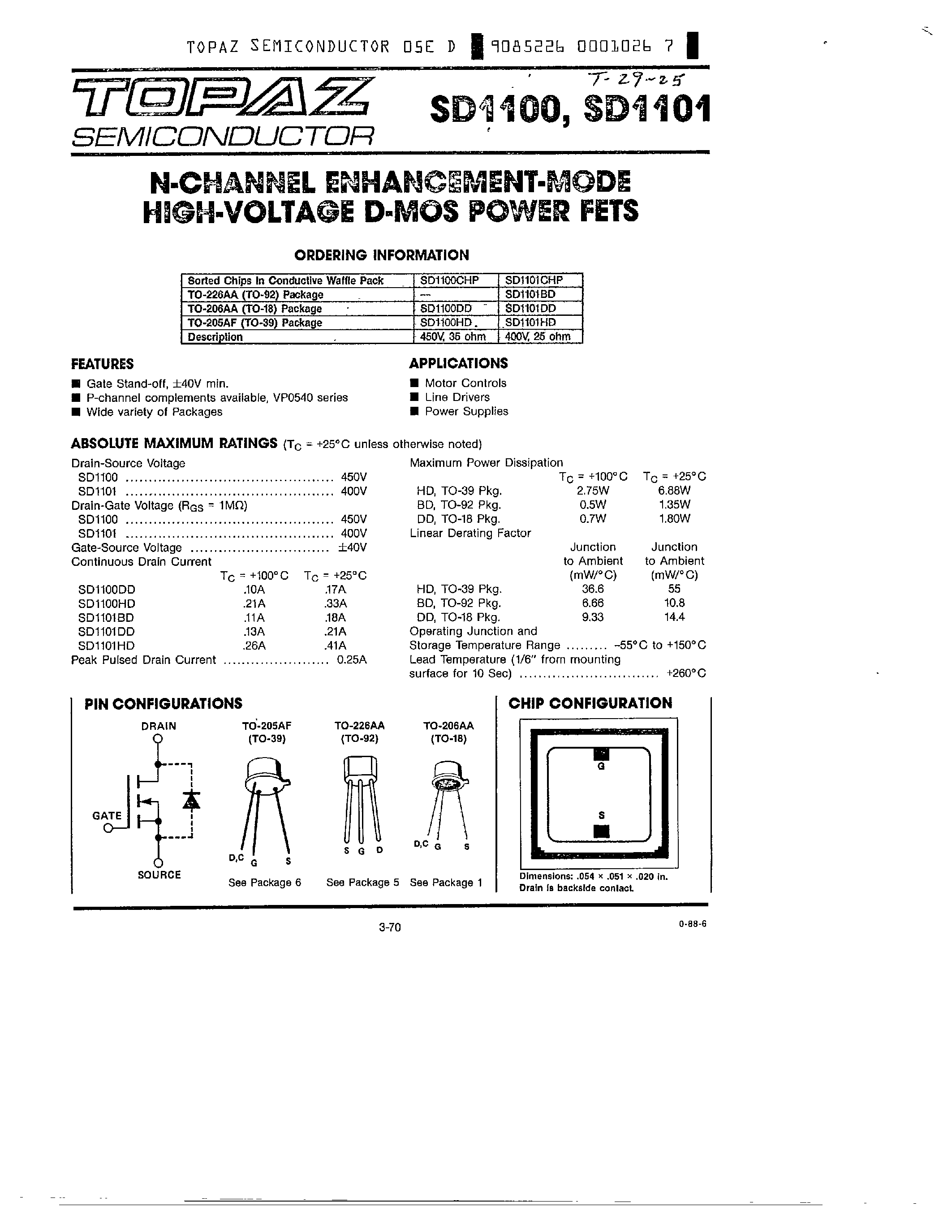 Datasheet SD1100 - N CHANNEL ENHANCEMENT MODE HIGH VOLTAGE D MOS POWER FETS page 1