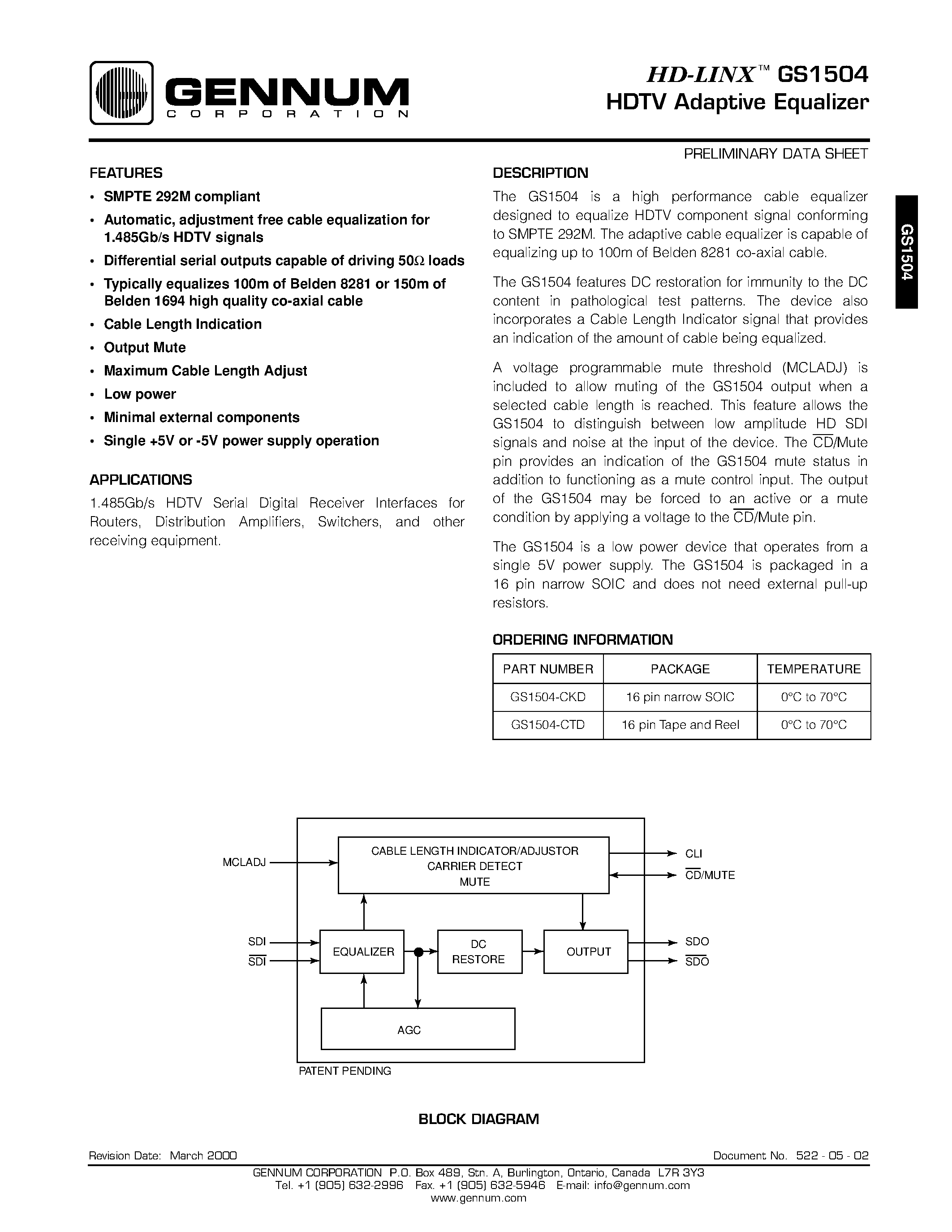 Даташит GS1504 - HDTV Adaptive Equalizer страница 1