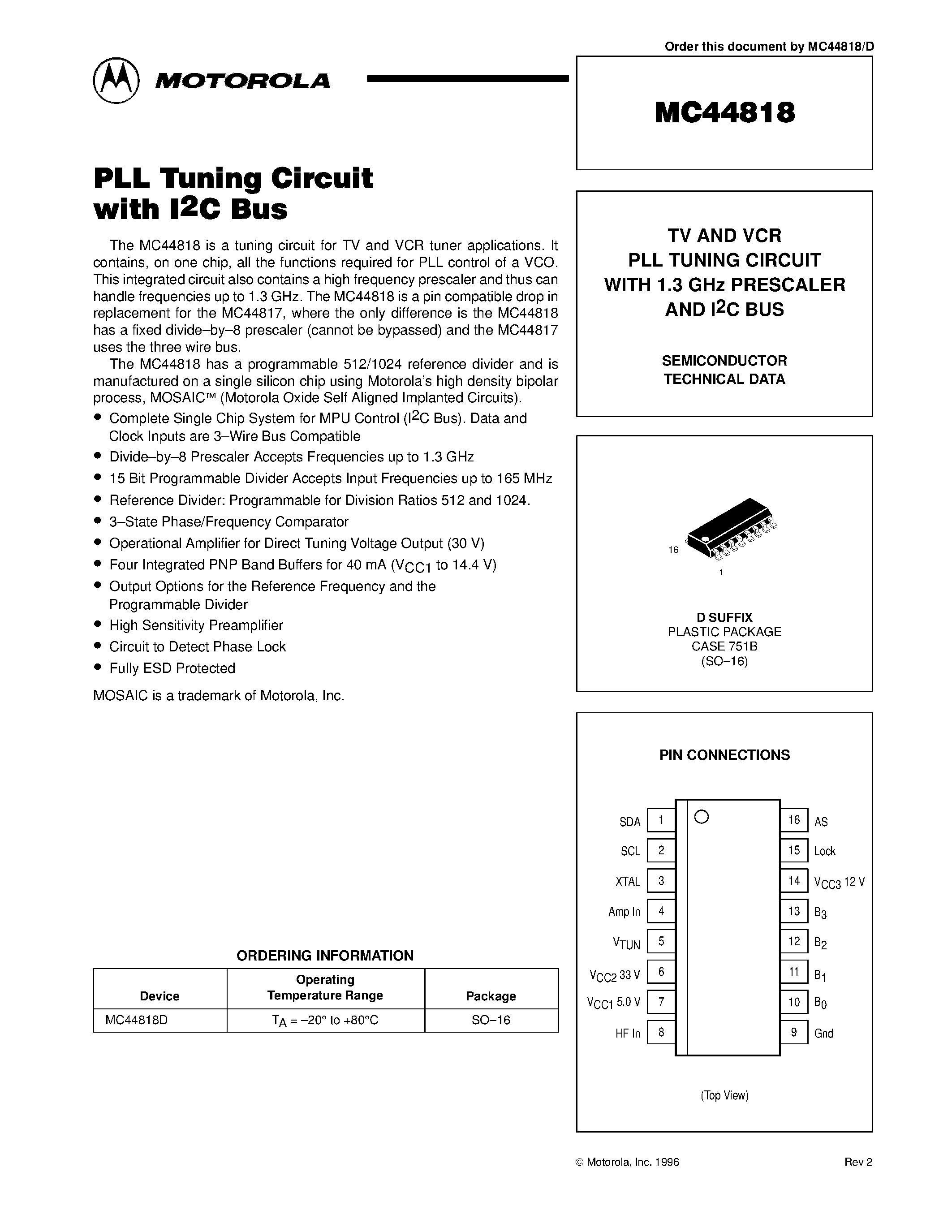 Datasheet MC44818 - TV AND VCR PLL TUNING CIRCUIT WITH 1.3 GHz PRESCALER AND I2C BUS page 1