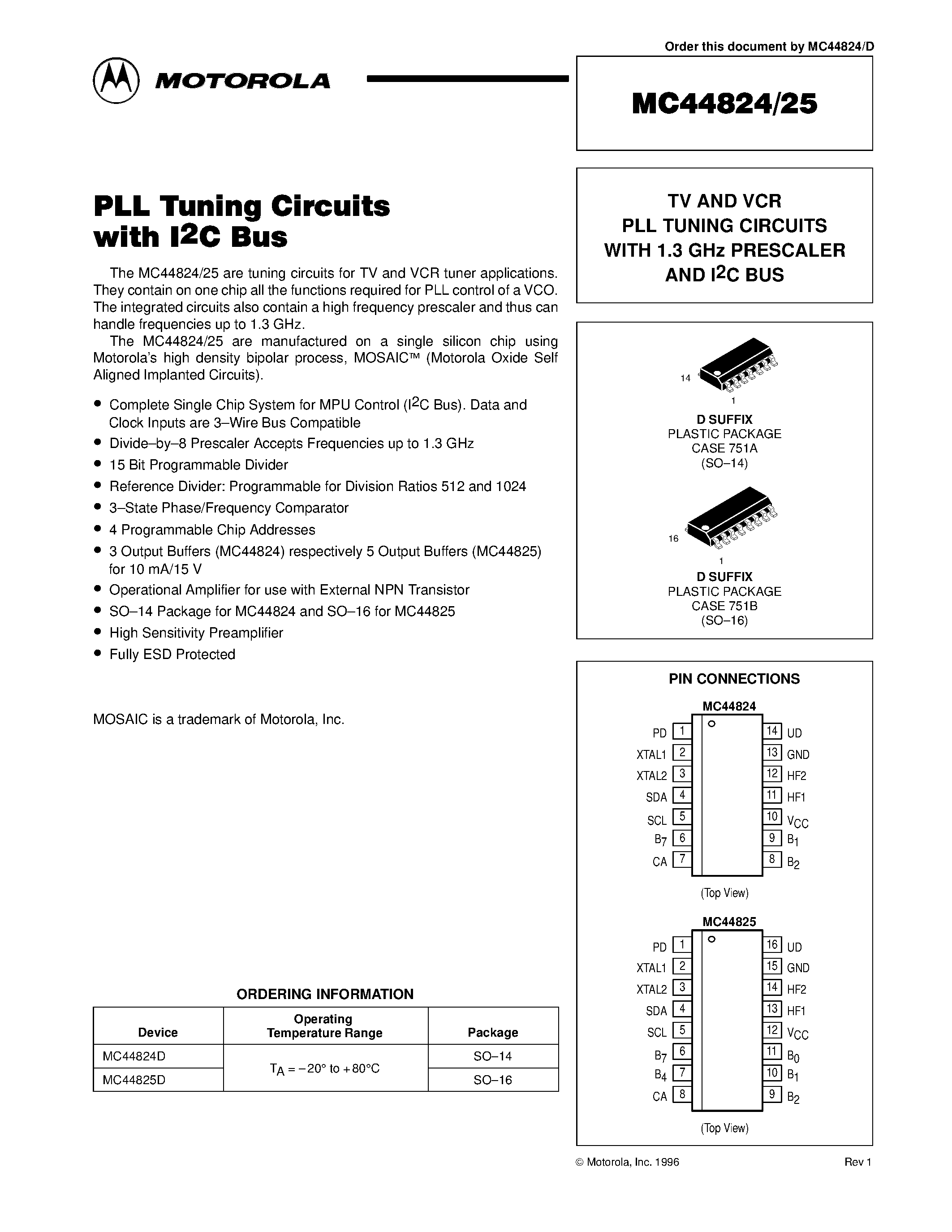 Datasheet MC44824 - TV AND VCR PLL TUNING CIRCUITS WITH 1.3 GHz PRESCALER AND I2C BUS page 1