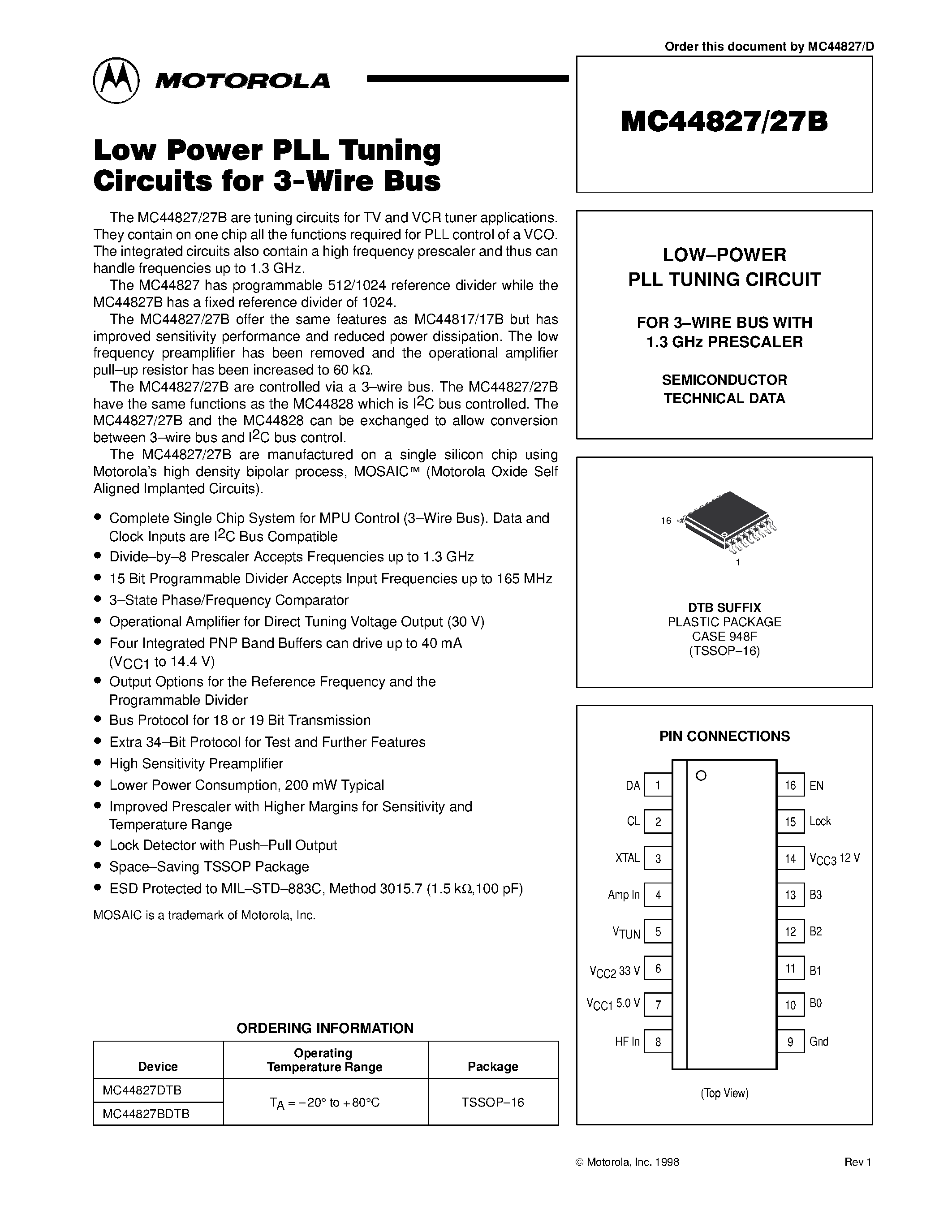 Datasheet MC44827 - LOW-POWER PLL TUNING CIRCUIT page 1