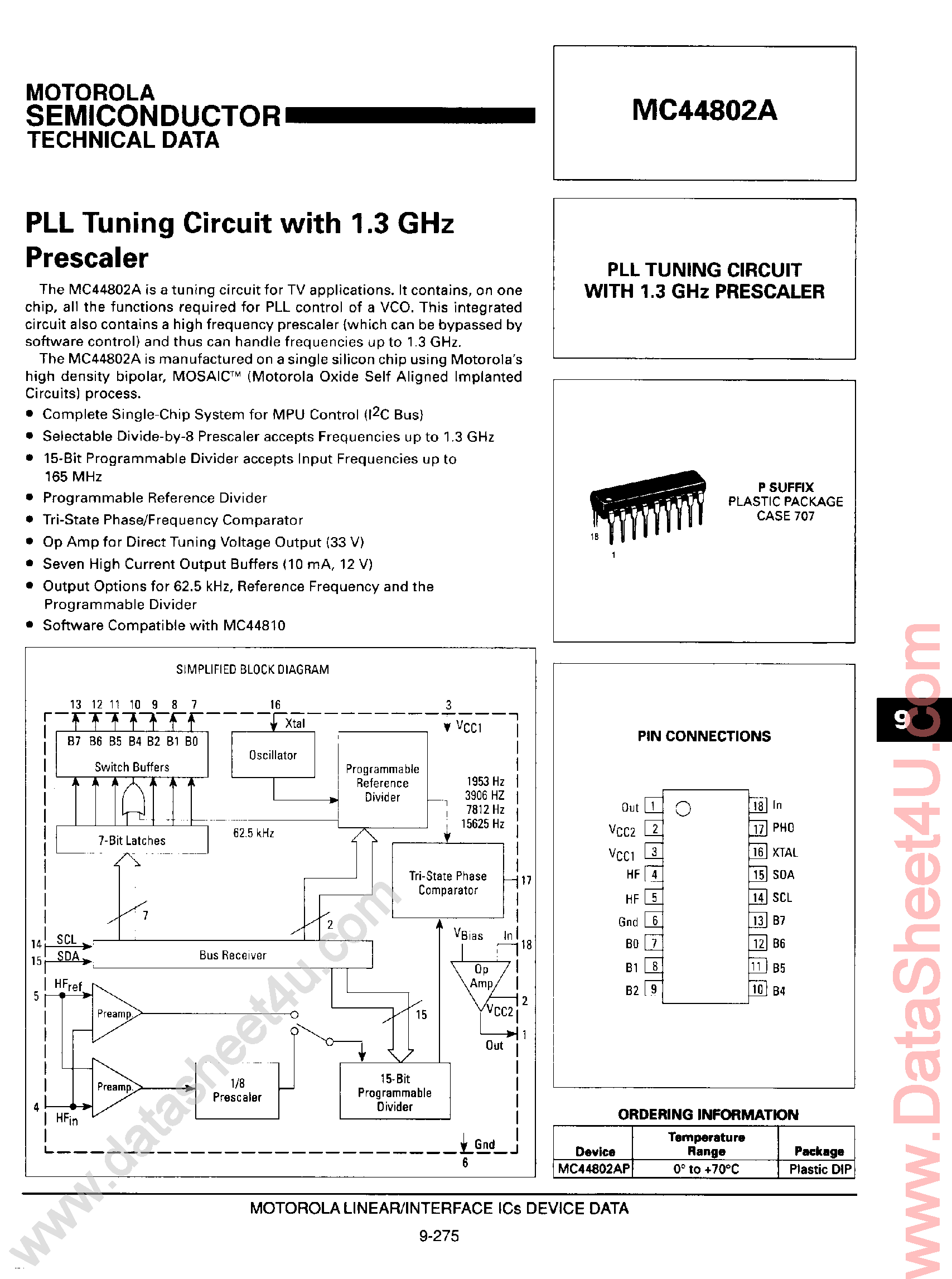 Datasheet MC44802A - PLL Tuning Circuit with 1.3 GHz Prescaler page 1