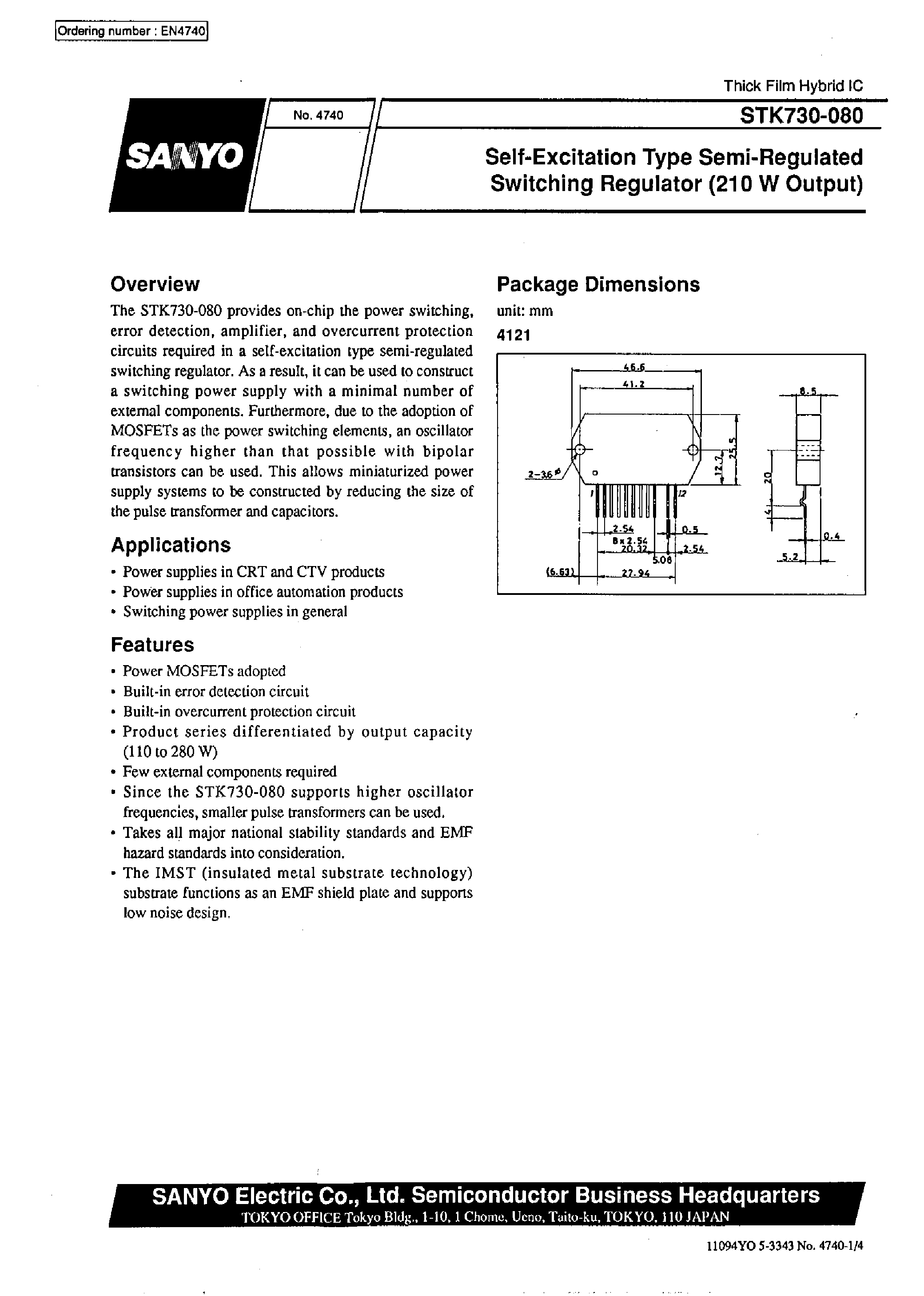 Datasheet STK730-080 - Self-Excitation Type Semi-Regulated Switching Regulator (210W Output) page 1