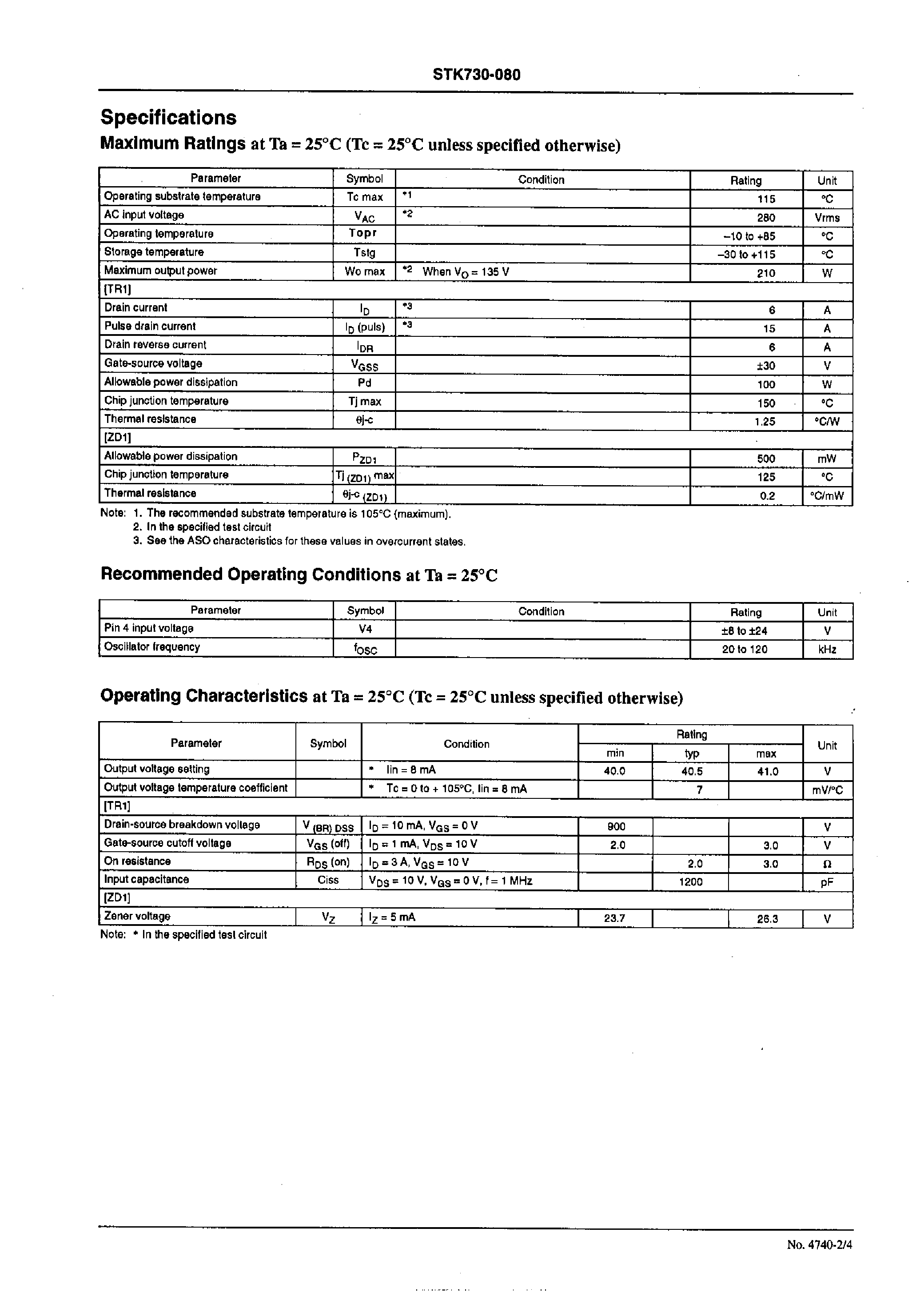 Datasheet STK730-080 - Self-Excitation Type Semi-Regulated Switching Regulator (210W Output) page 2