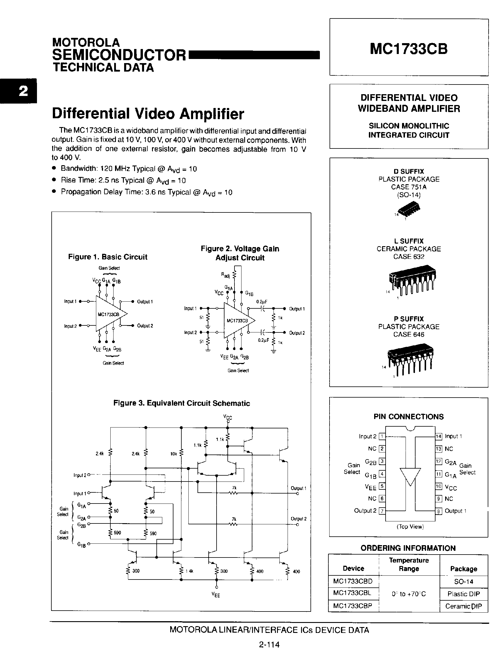Даташит MC1733CB - Differential Video Amplifier страница 1