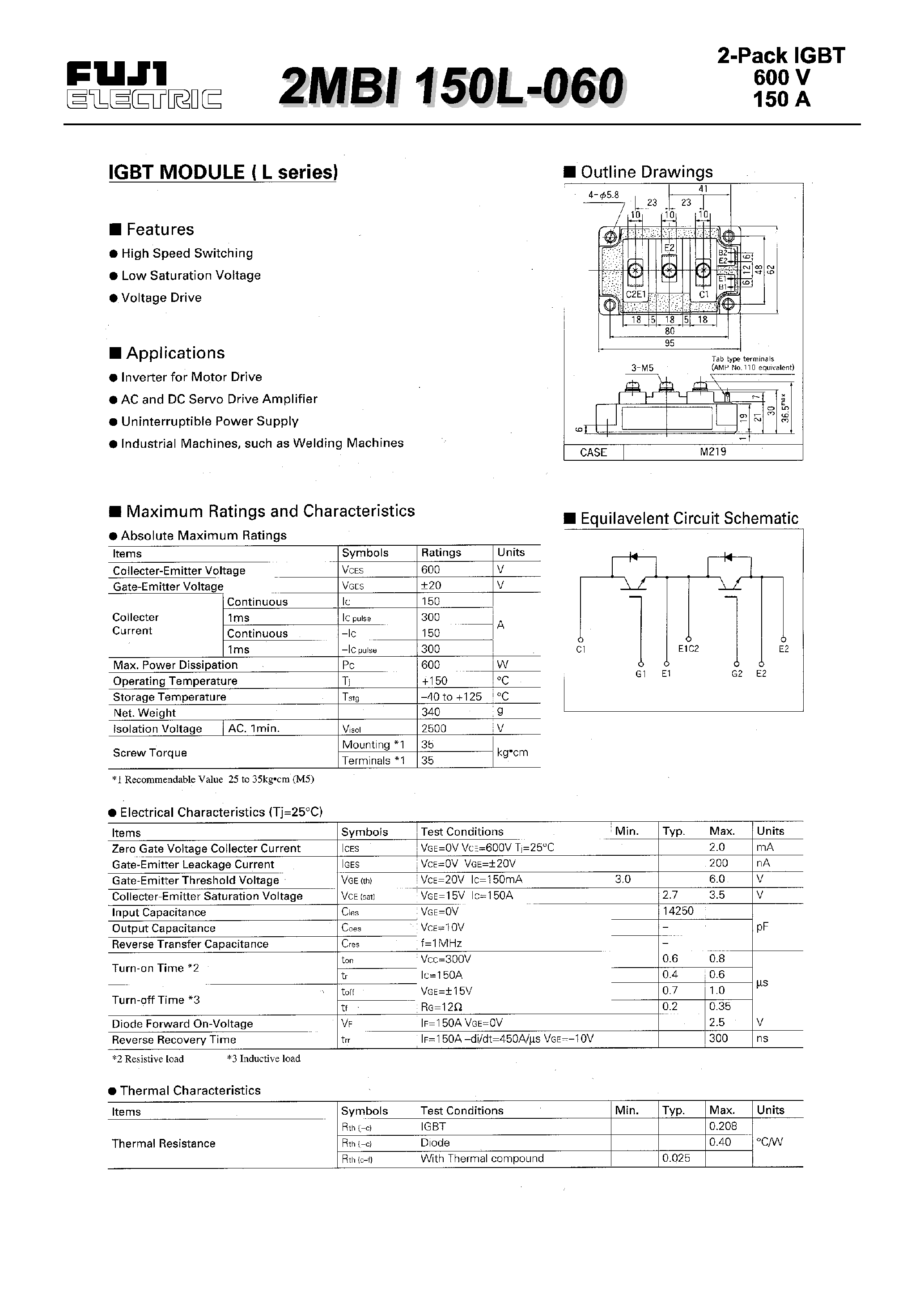 Datasheet 2MBI150L-060 - IGBT MODULE(L series) page 1