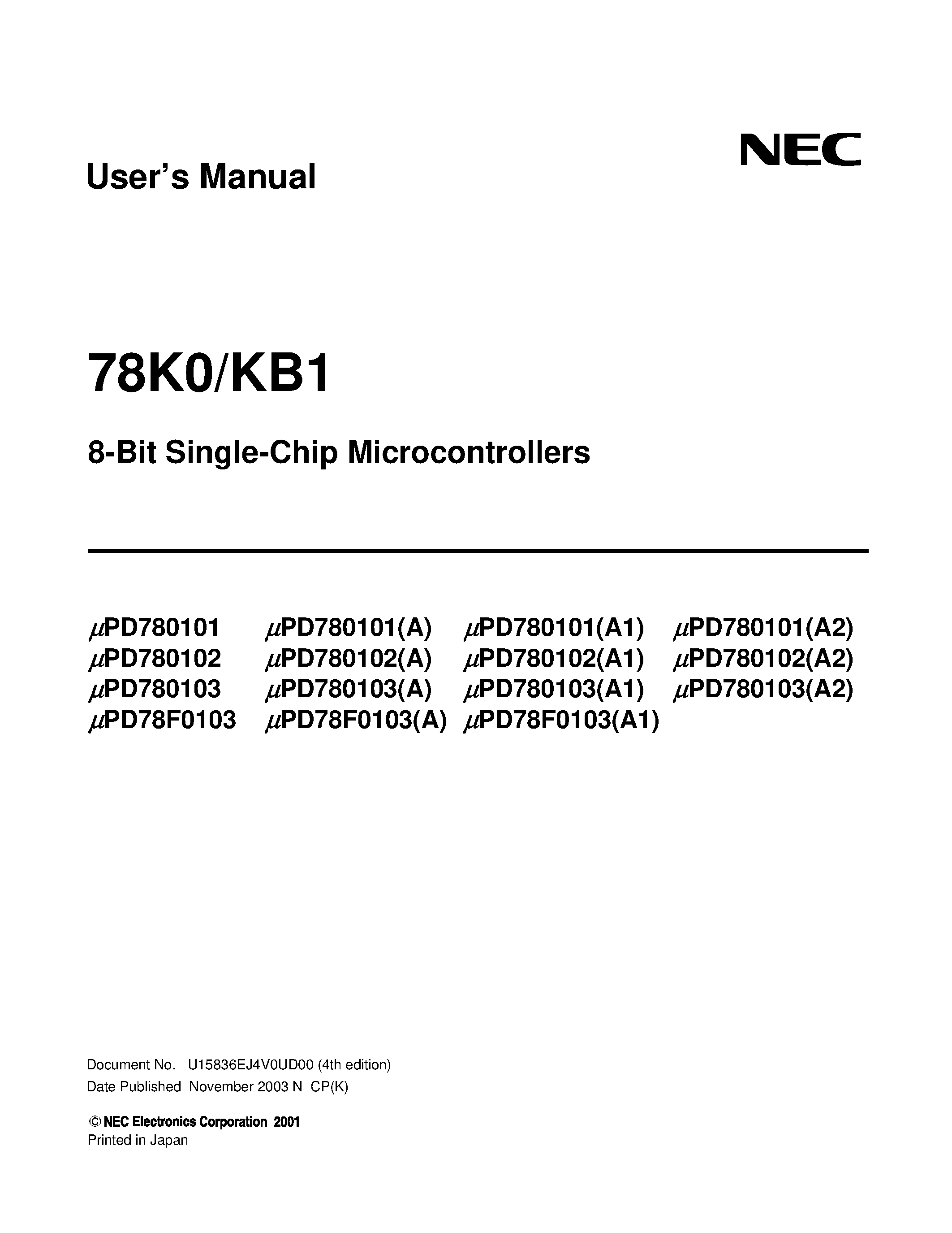 Даташит UPD78F0103 - 8-Bit Single-Chip Microcontrollers страница 1