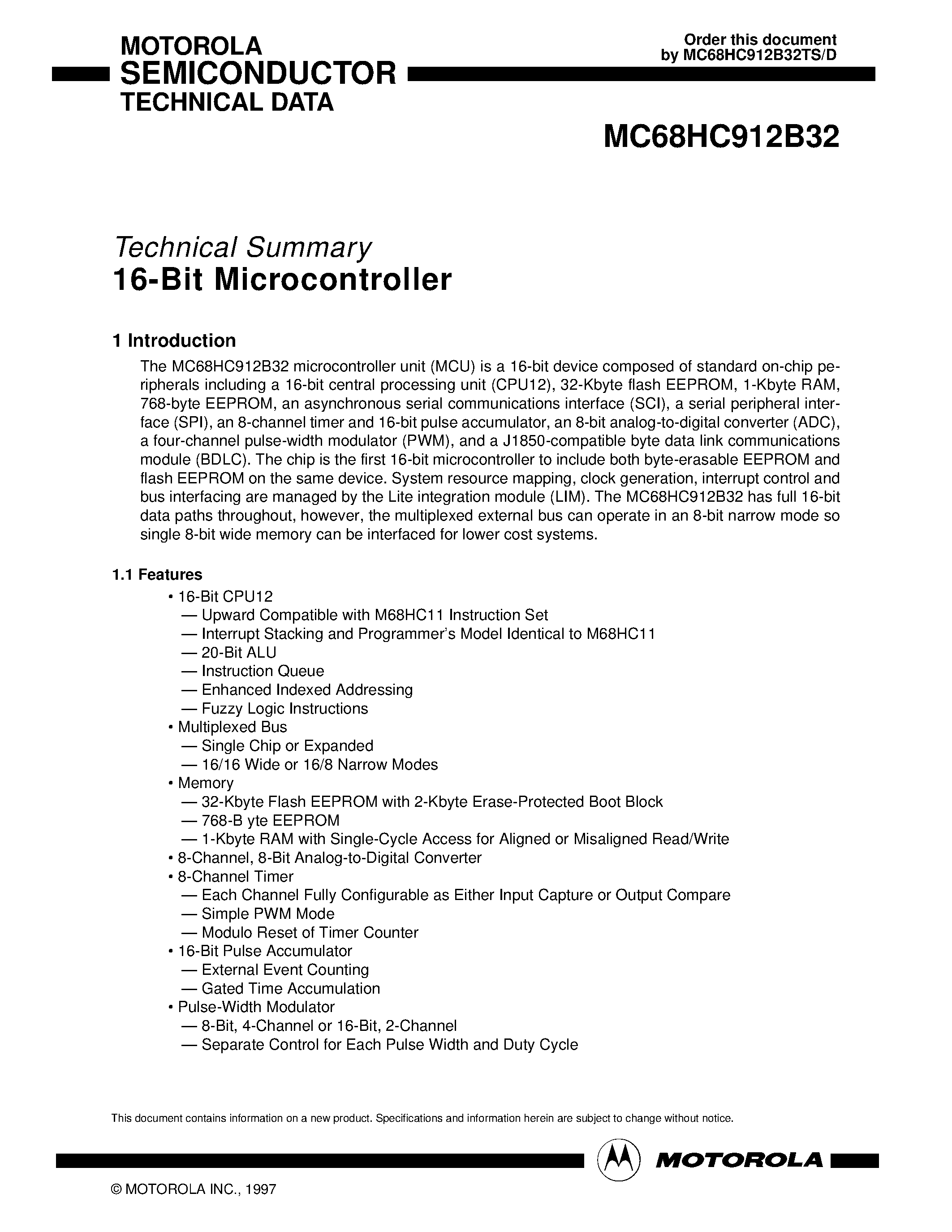 Datasheet MC68HC912B32 - 16-Bit Microcontroller page 1