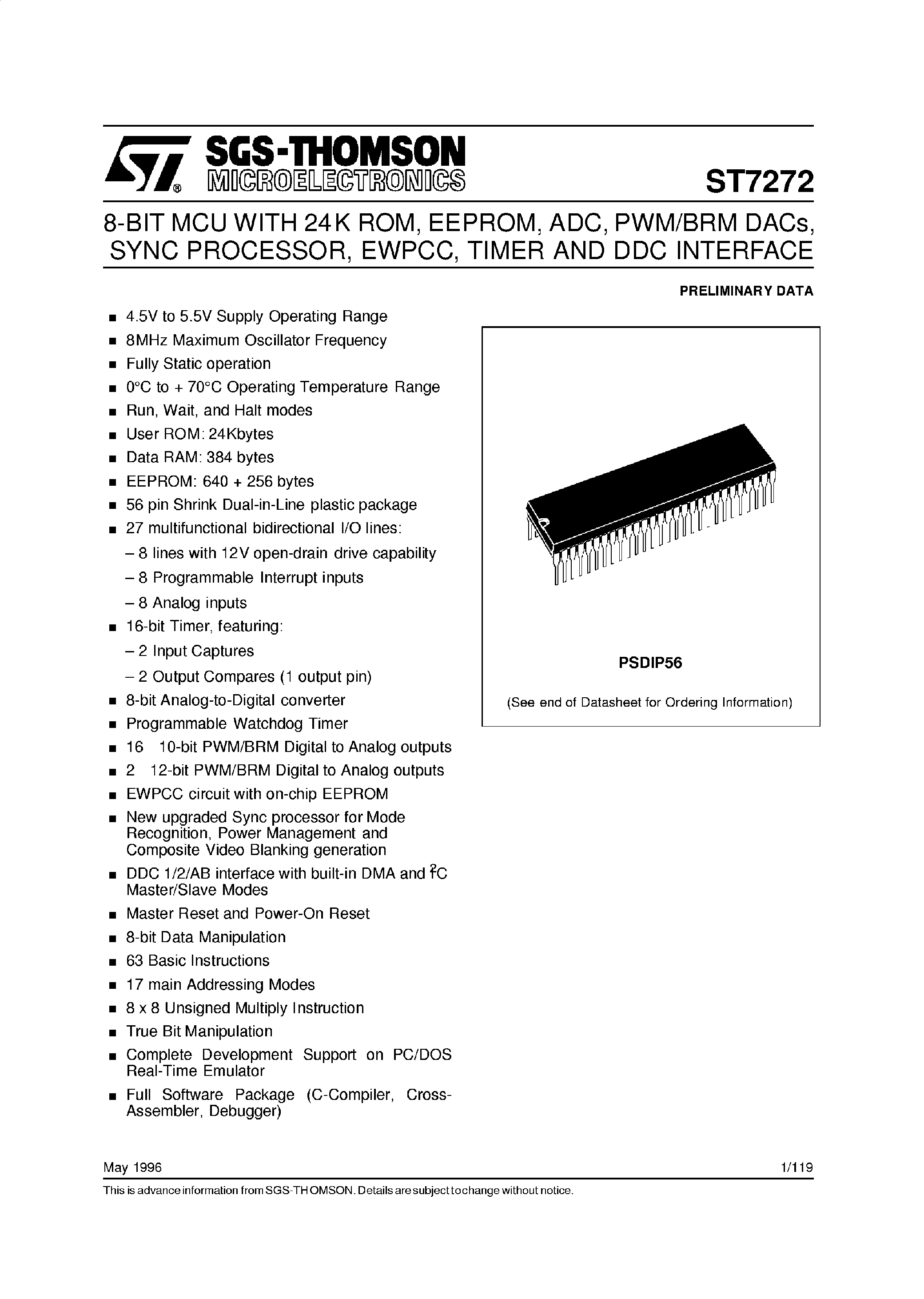 Даташит ST7272 - 8-BIT MCU WITH 24K ROM/EEPROM/ADC/PWM/BRM DACs/SYNC PROCESSOR/EWPCC/TIMER AND DDC INTERFACE страница 1