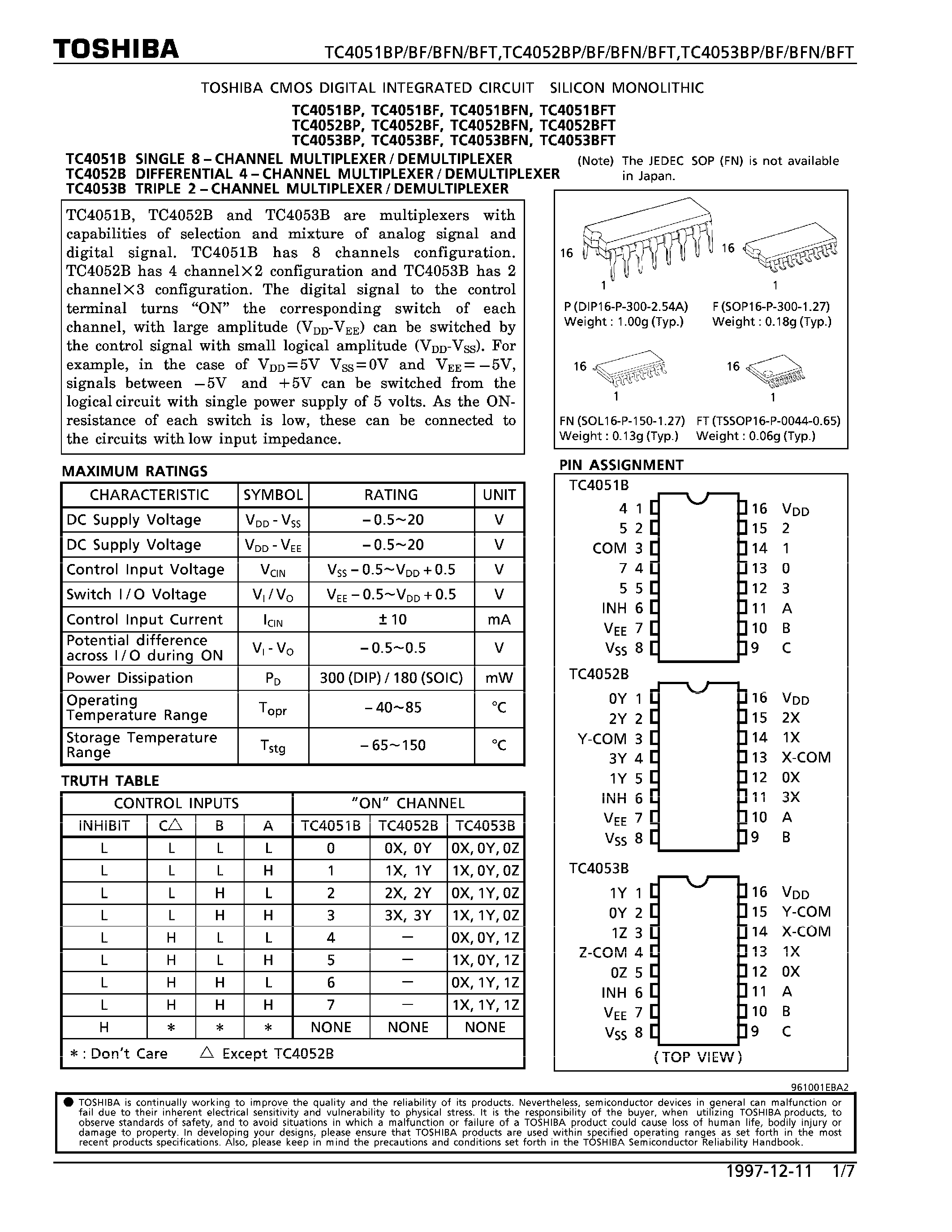 Даташит TC4052 - SINGLE 8-CHANNEL MULTIPLEXER/DEMULTIPLEXER страница 1