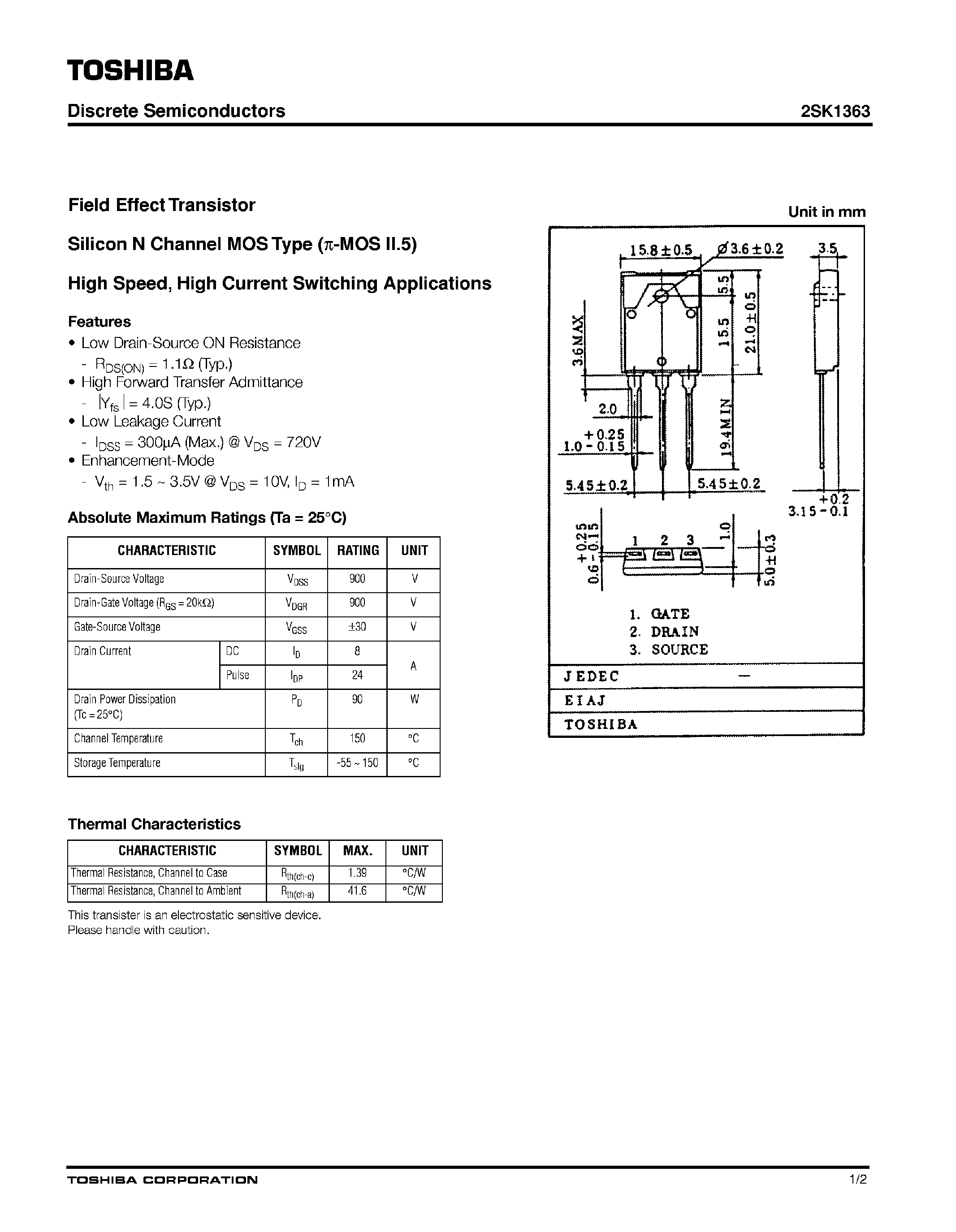 Datasheet 2SK1363 - Silicon N-Channel MOS Type / High Speed / High Current Switching Applications page 1