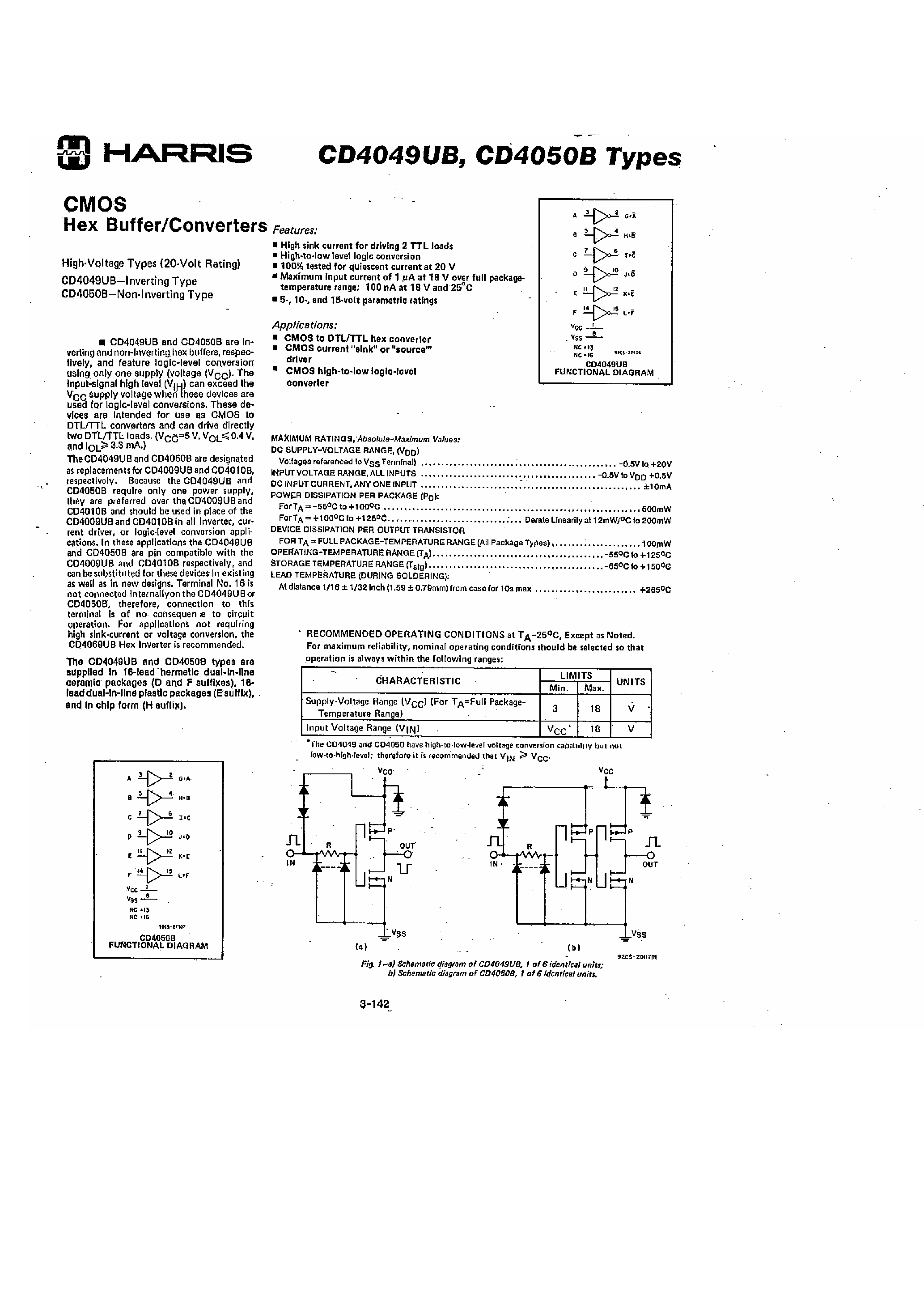 Datasheet CD4050B - CMOS Hex Buffer / Converters page 1