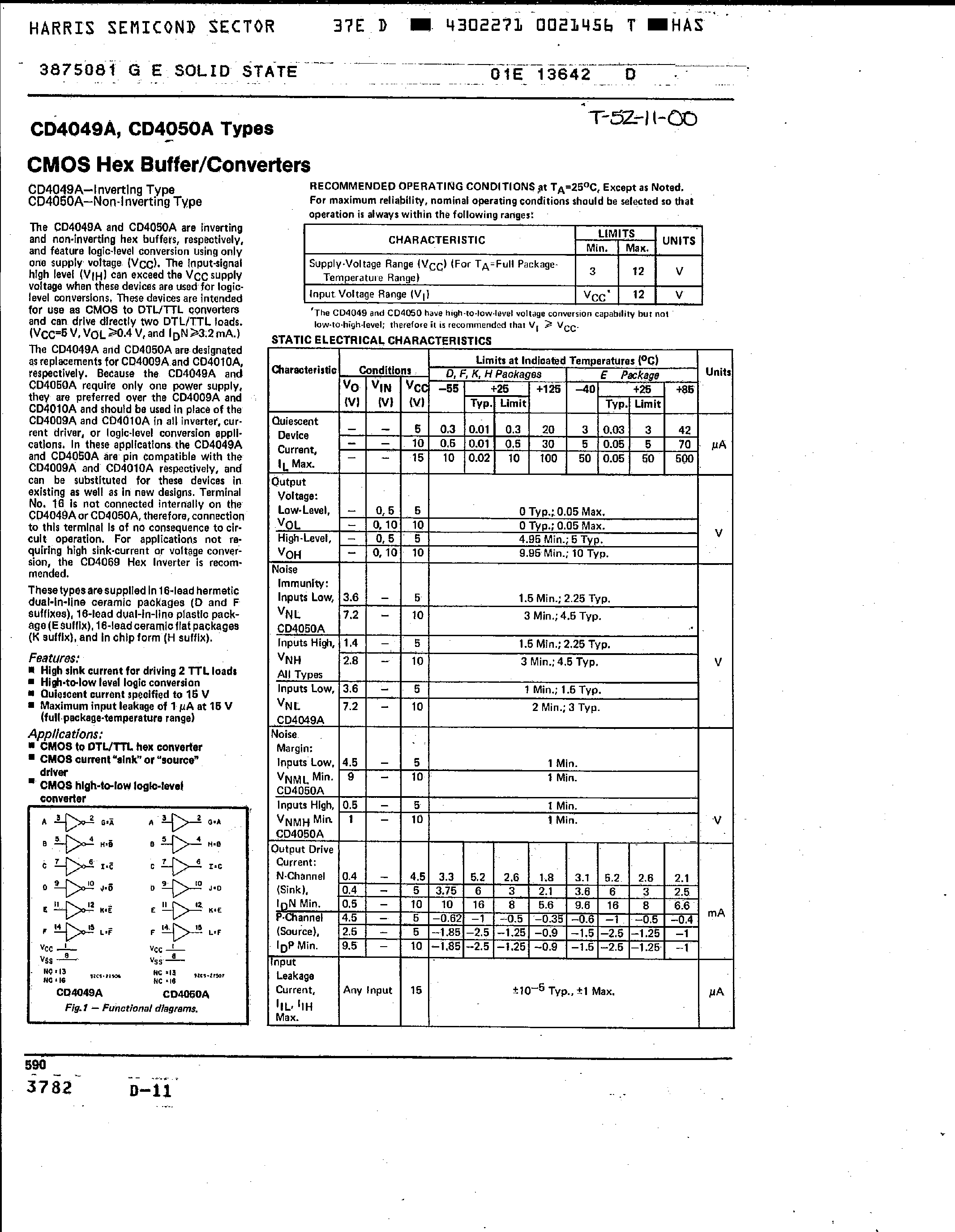 Datasheet CD4050A - CMOS Hex Buffer / Converters page 1