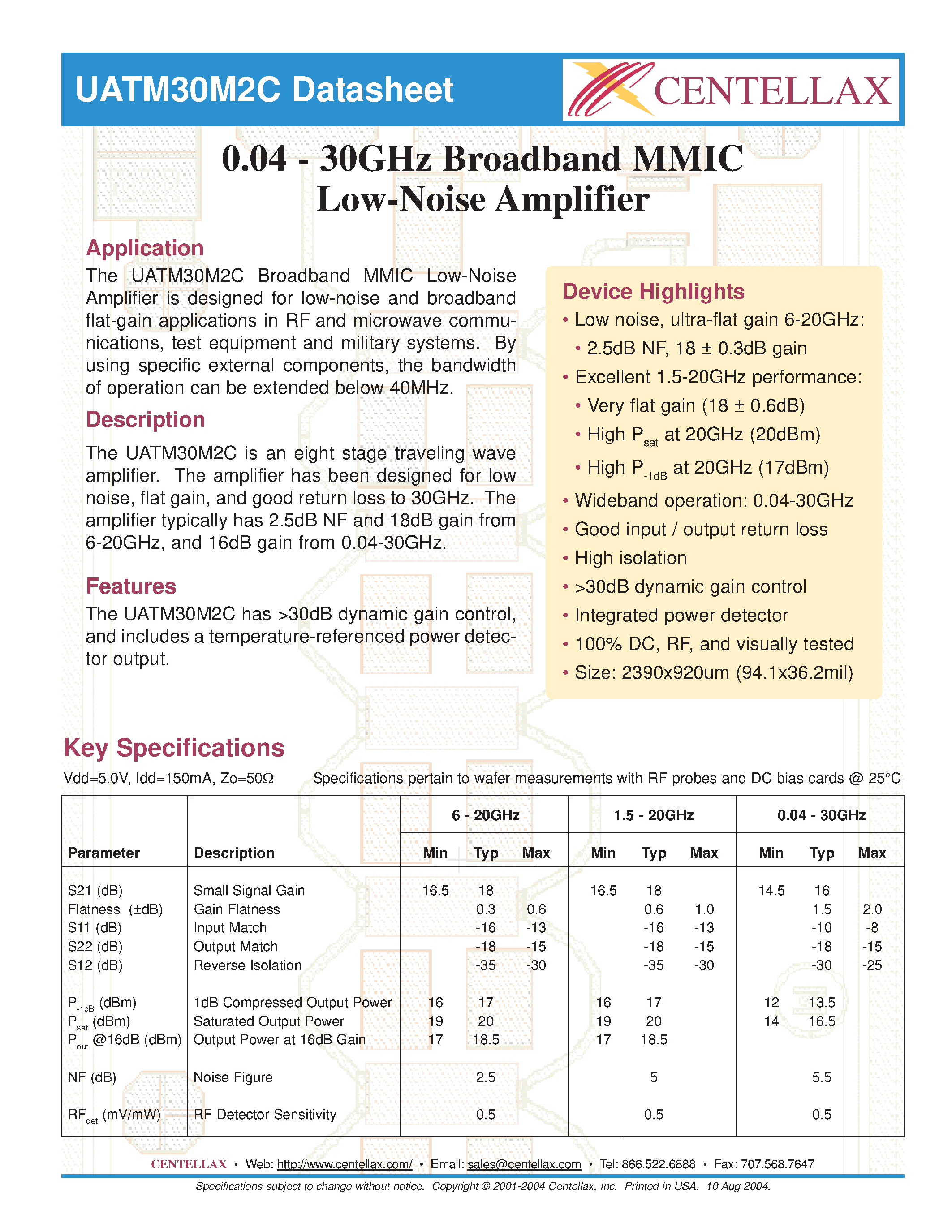 Даташит UATM30M2C - 0.04-30GHz Broadband MMIC Low Noise Amplifier страница 1