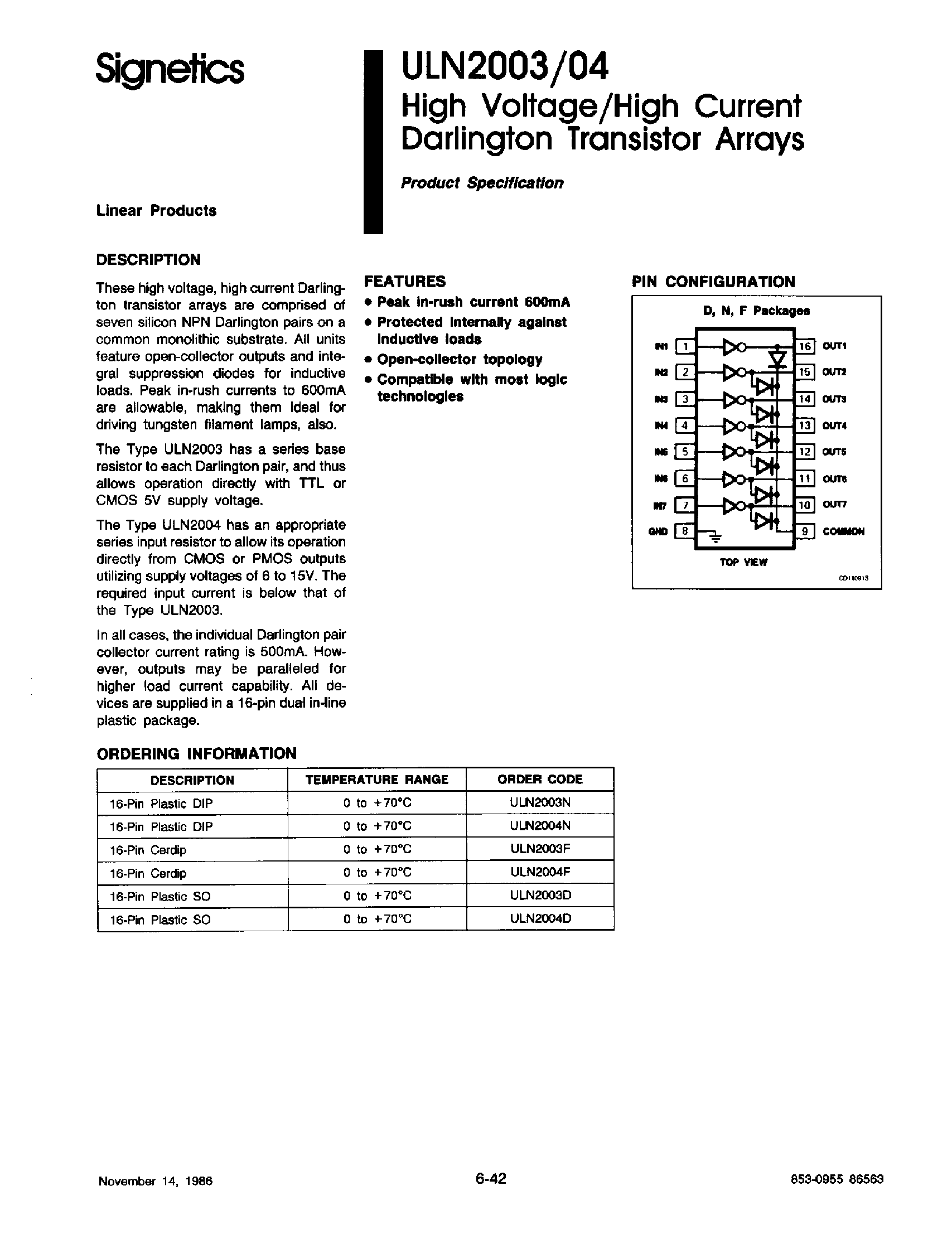 Datasheet ULN2003 - High Voltage / High Current Darlington Transistor Arrays page 1