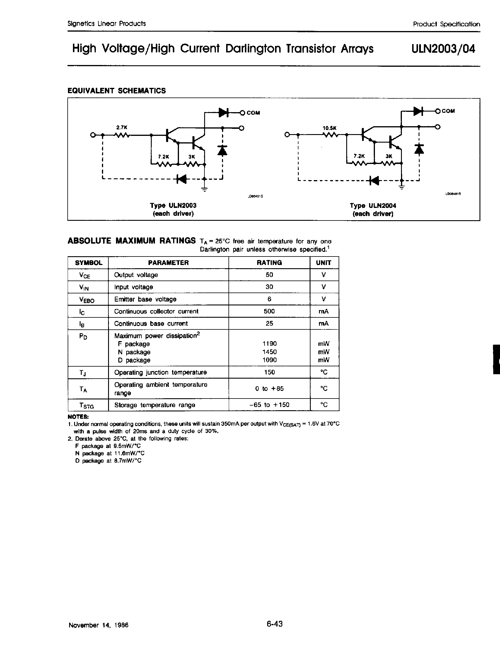 Datasheet ULN2003 - High Voltage / High Current Darlington Transistor Arrays page 2