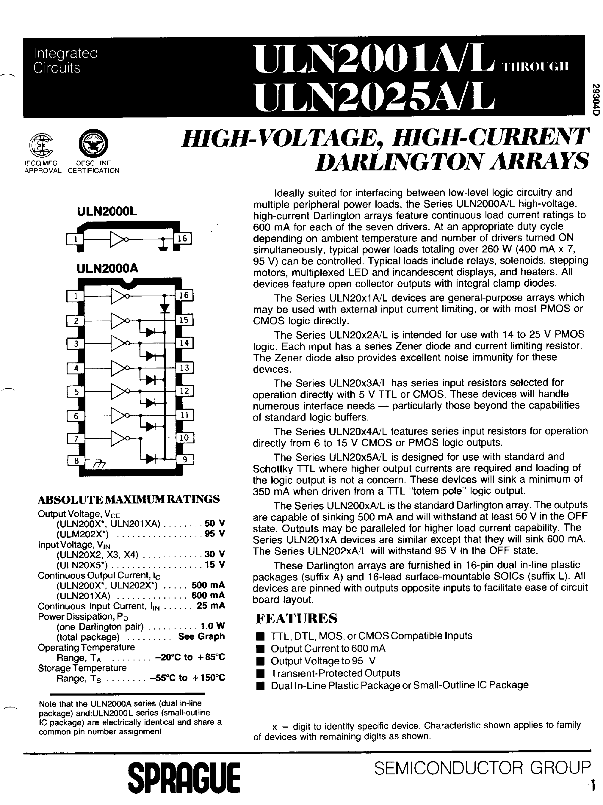 Datasheet ULN2003 - High Voltage / High Current Darlington Transistor Arrays page 1