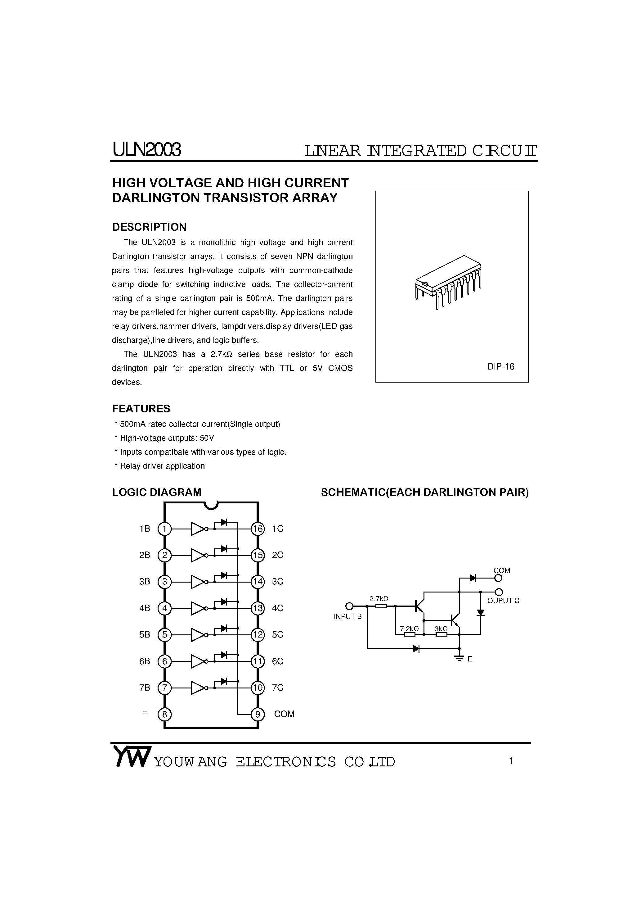 Datasheet ULN2003 - High Voltage / High Current Darlington Transistor Arrays page 1