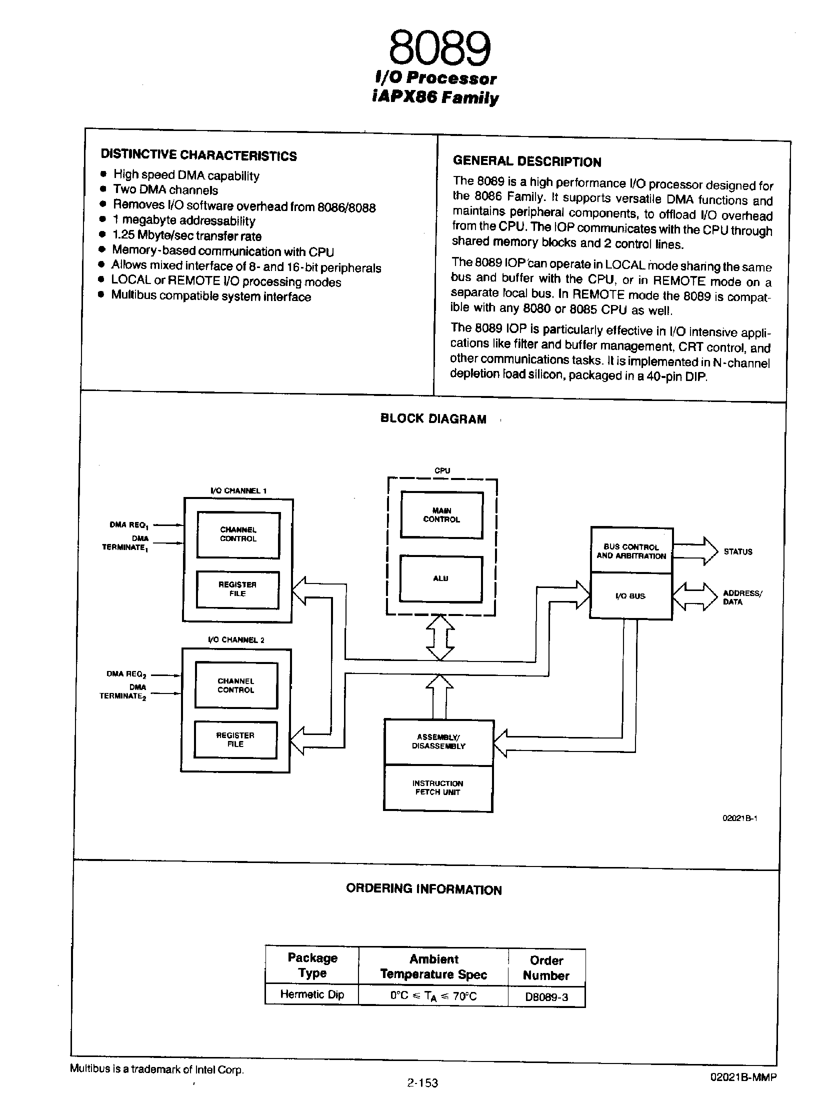 Даташит D8089 - 8089 / 8 and 16 Bit HMOS I/O Processor страница 1