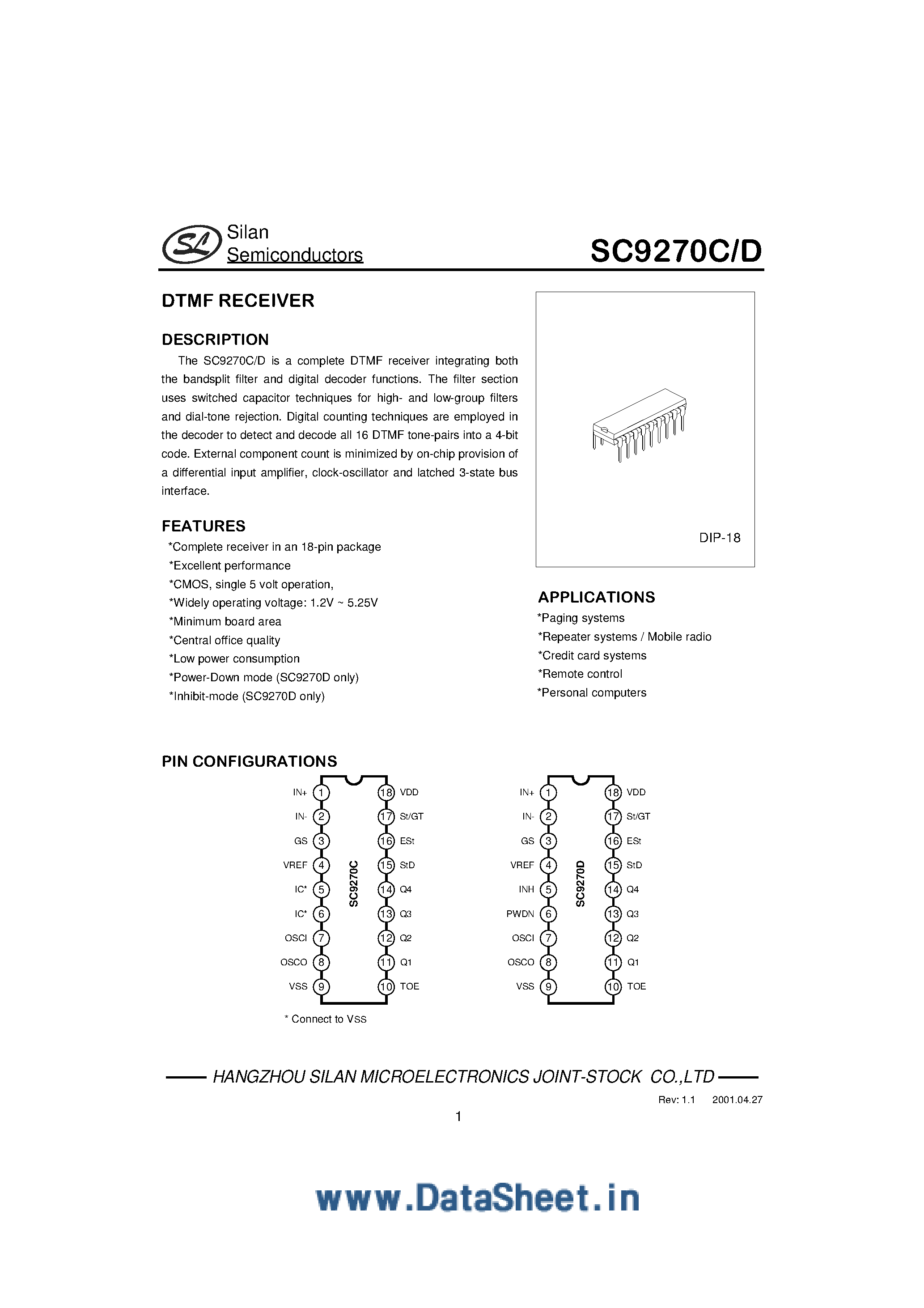 Даташит SC9270 - 6.0V PLL for digital tuning systems (DTS) страница 1