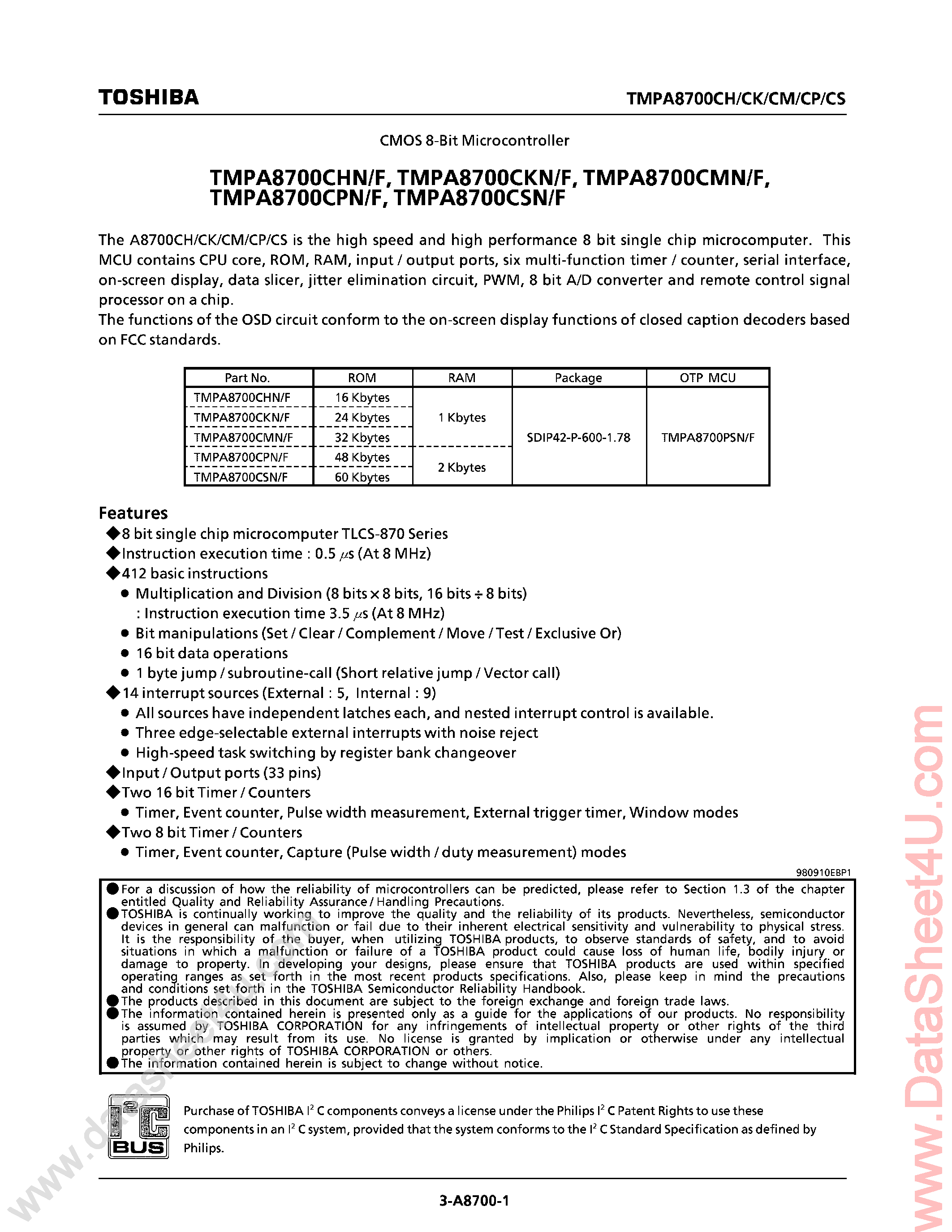 Даташит TMPA8700 - CMOS 8 Bit Microcontroller страница 1