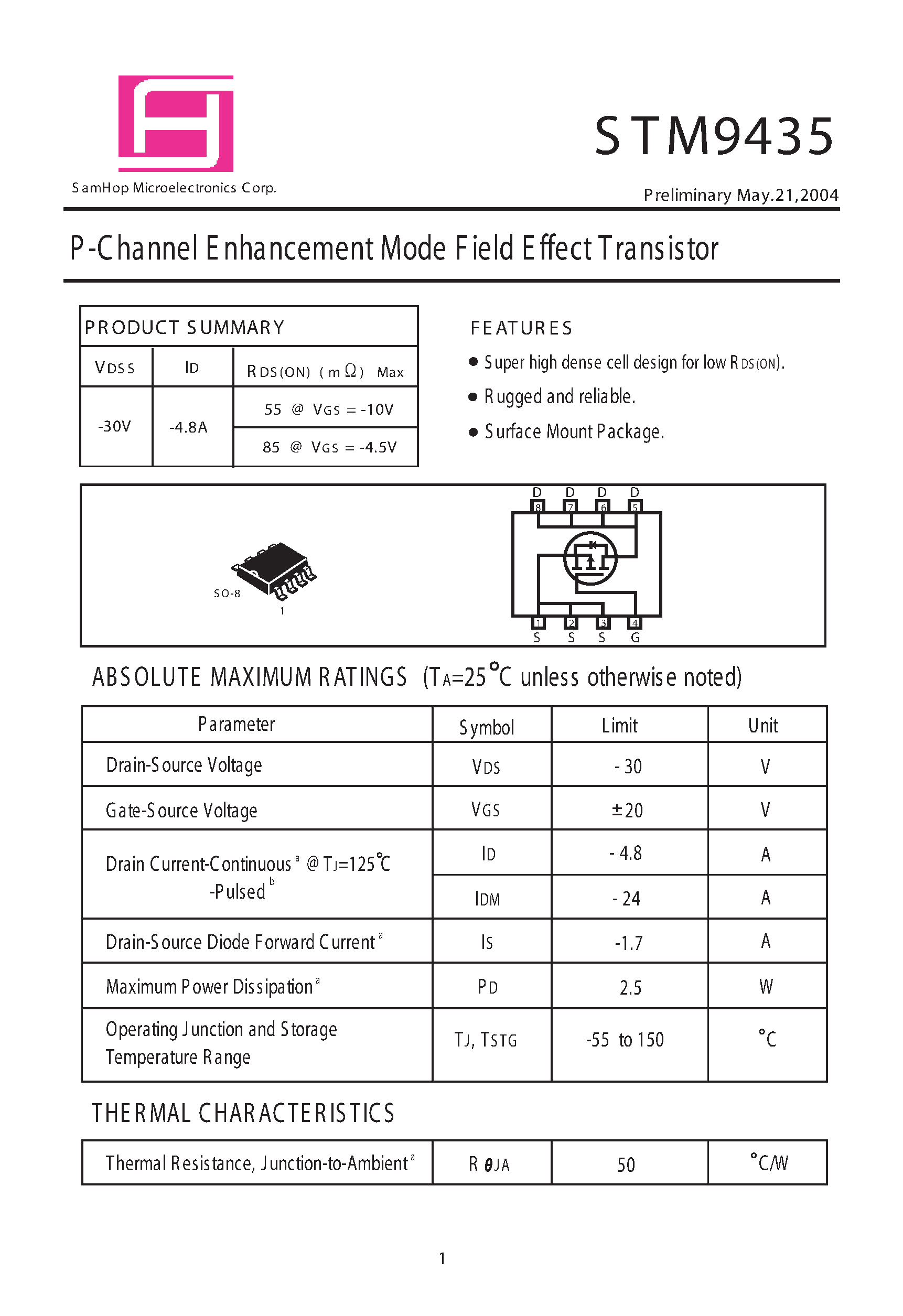 Даташит STM9435 - P-Channel Enhancement Mode Field Effect Transistor страница 1