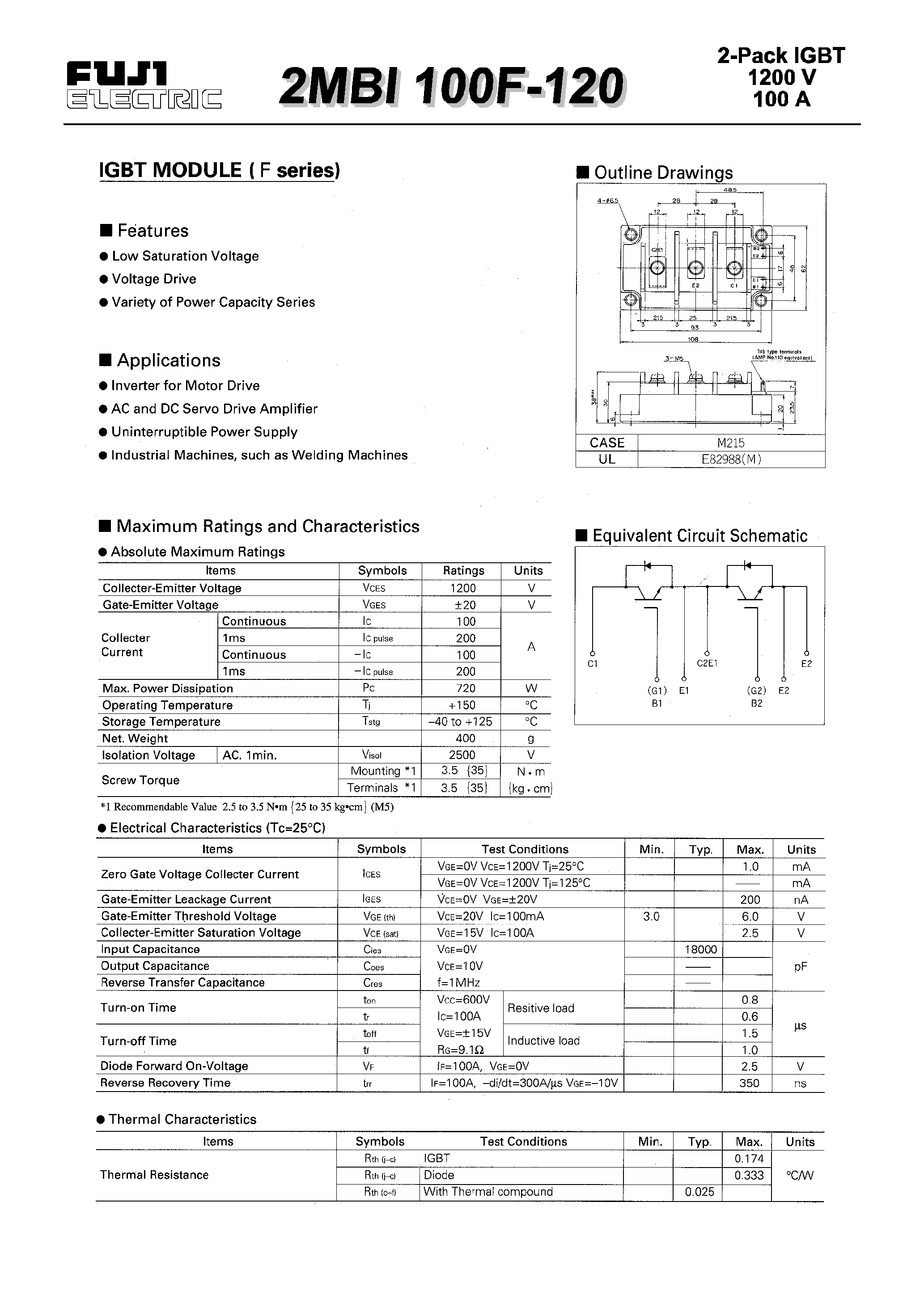 Даташит 2MBI100F-120 - IGBT MODULE(F series) страница 1