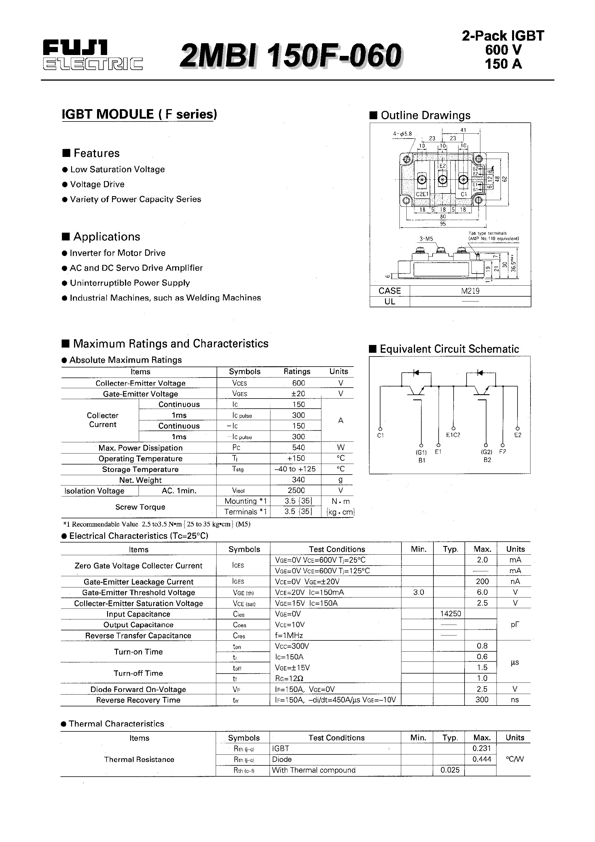 Даташит 2MBI150F-060 - IGBT MODULE ( F Series ) страница 1