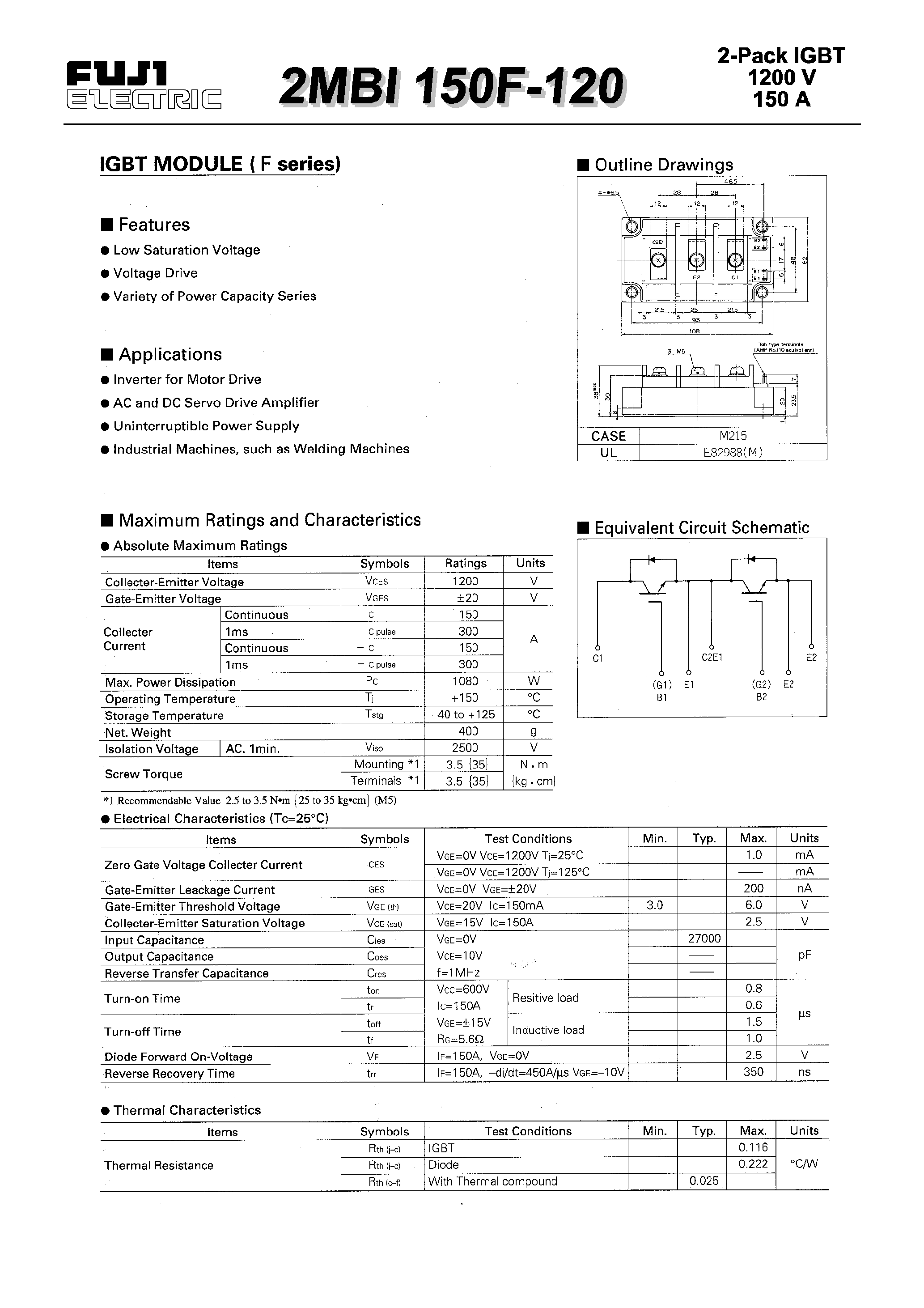 Даташит 2MBI150F-120 - IGBT MODULE(F series) страница 1