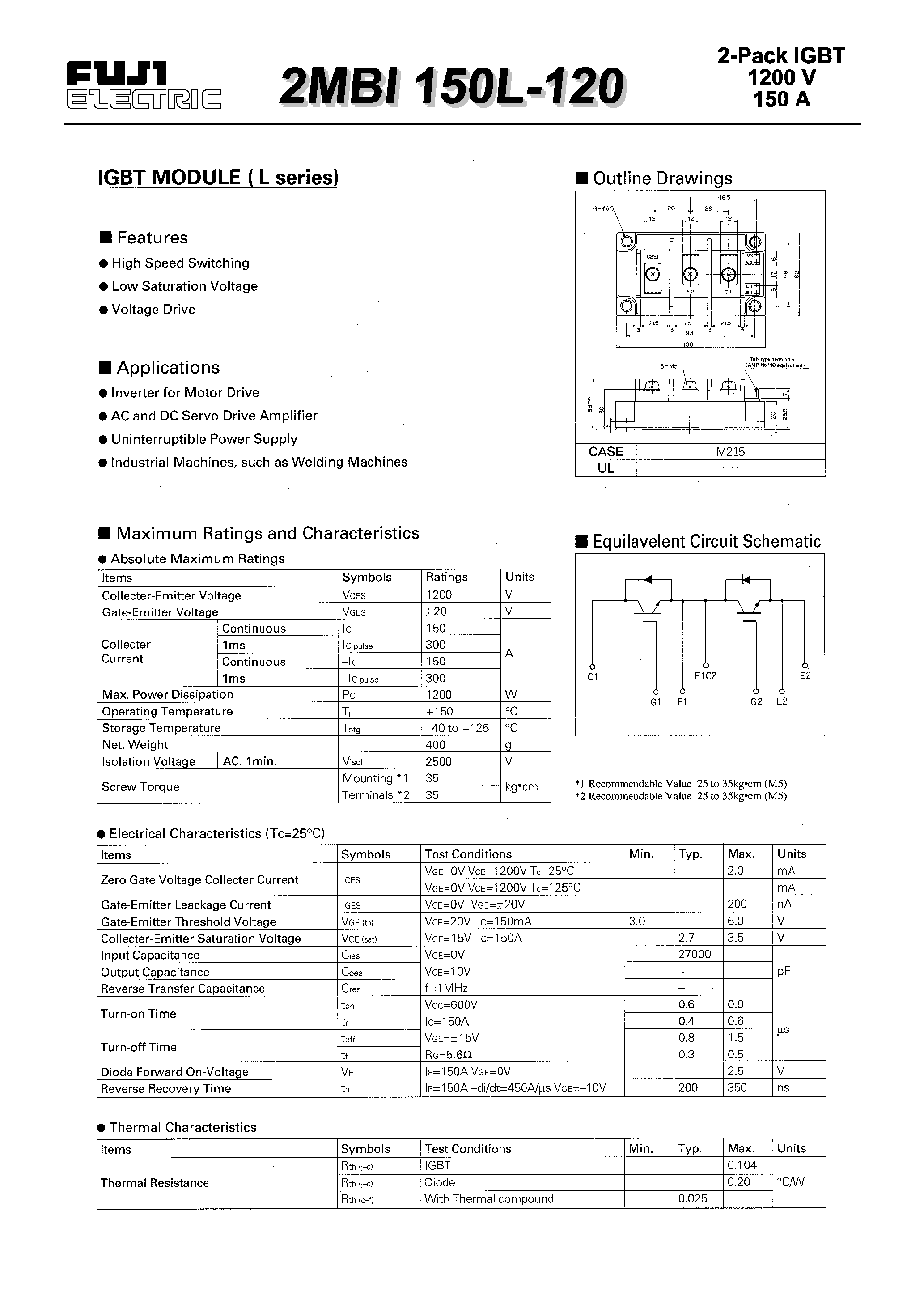 Datasheet 2MBI150L-120 - IGBT MODULE(L series) page 1