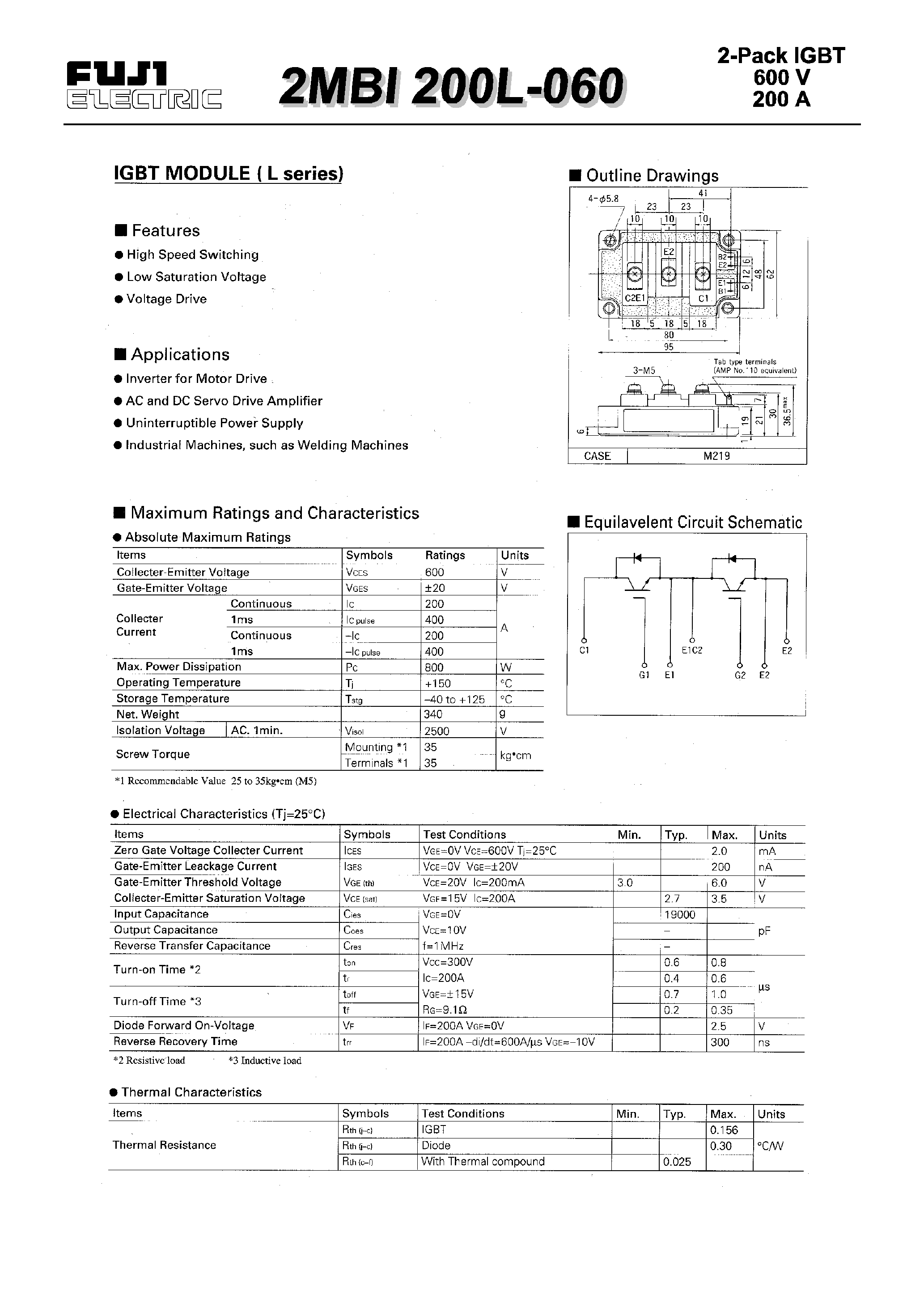 Datasheet 2MBI200L-060 - IGBT MODULE(L series) page 1