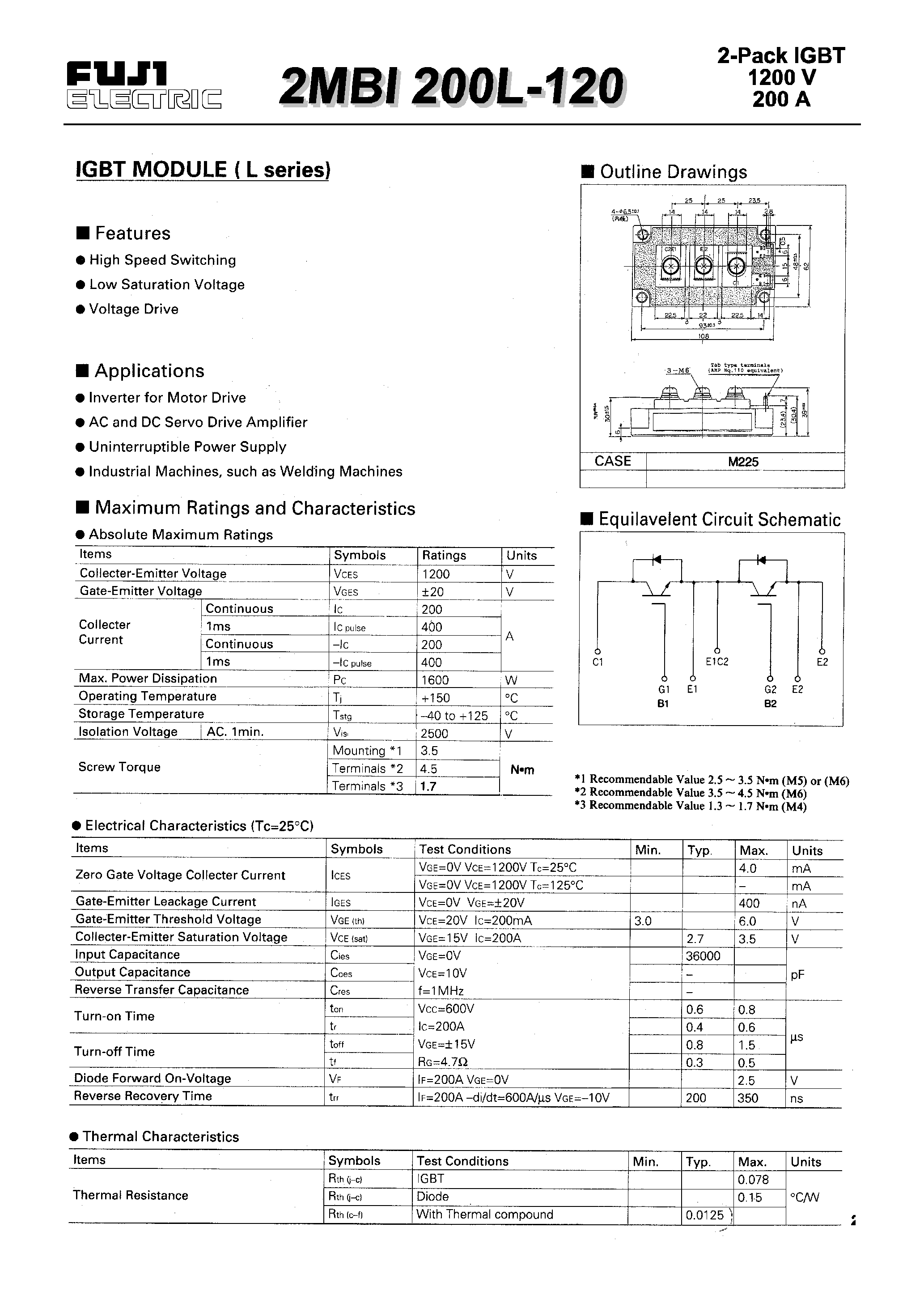 Datasheet 2MBI200L-120 - IGBT MODULE ( L series) page 1