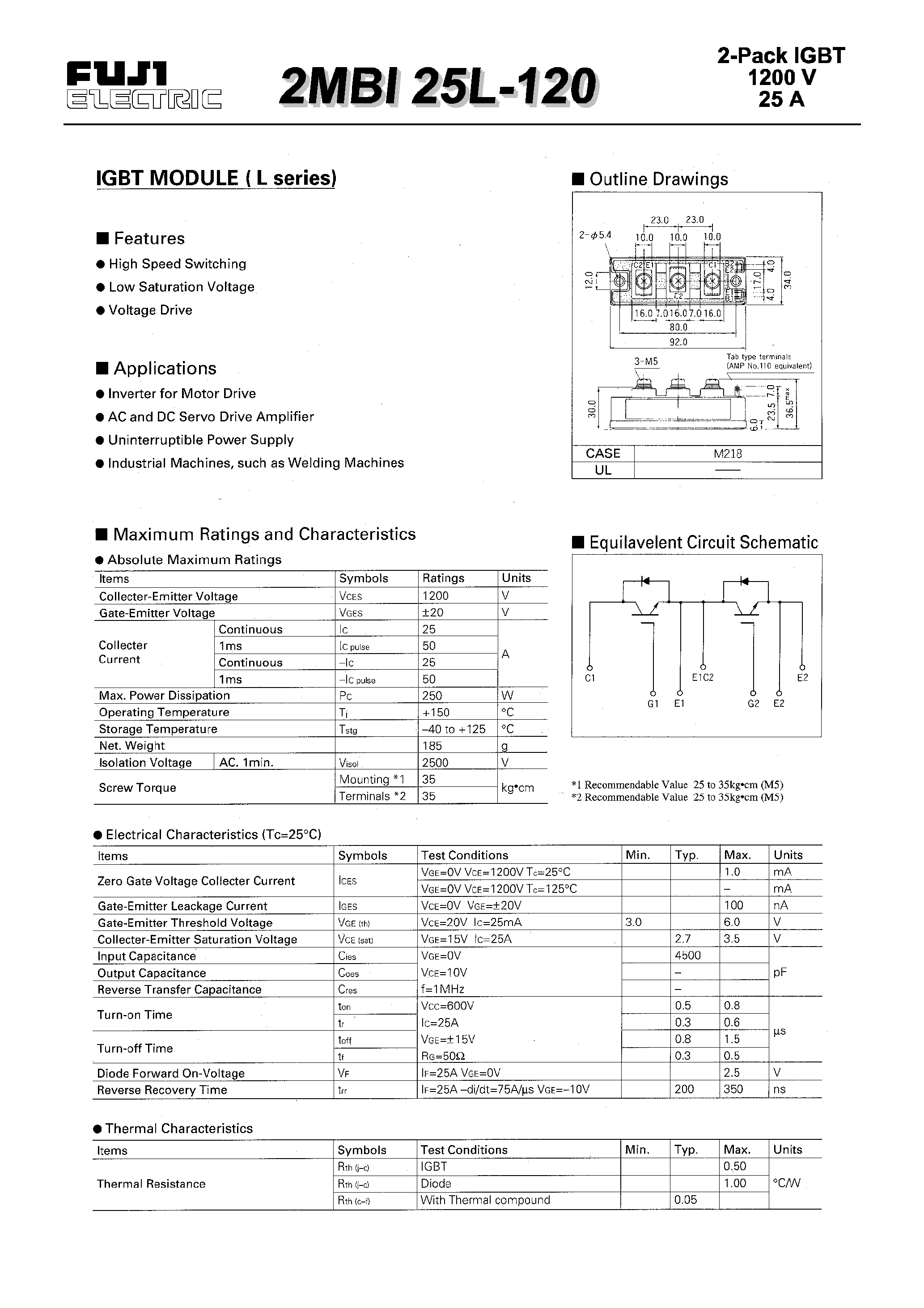 Datasheet 2MBI25F-120 - IGBT MODULE(L series) page 1