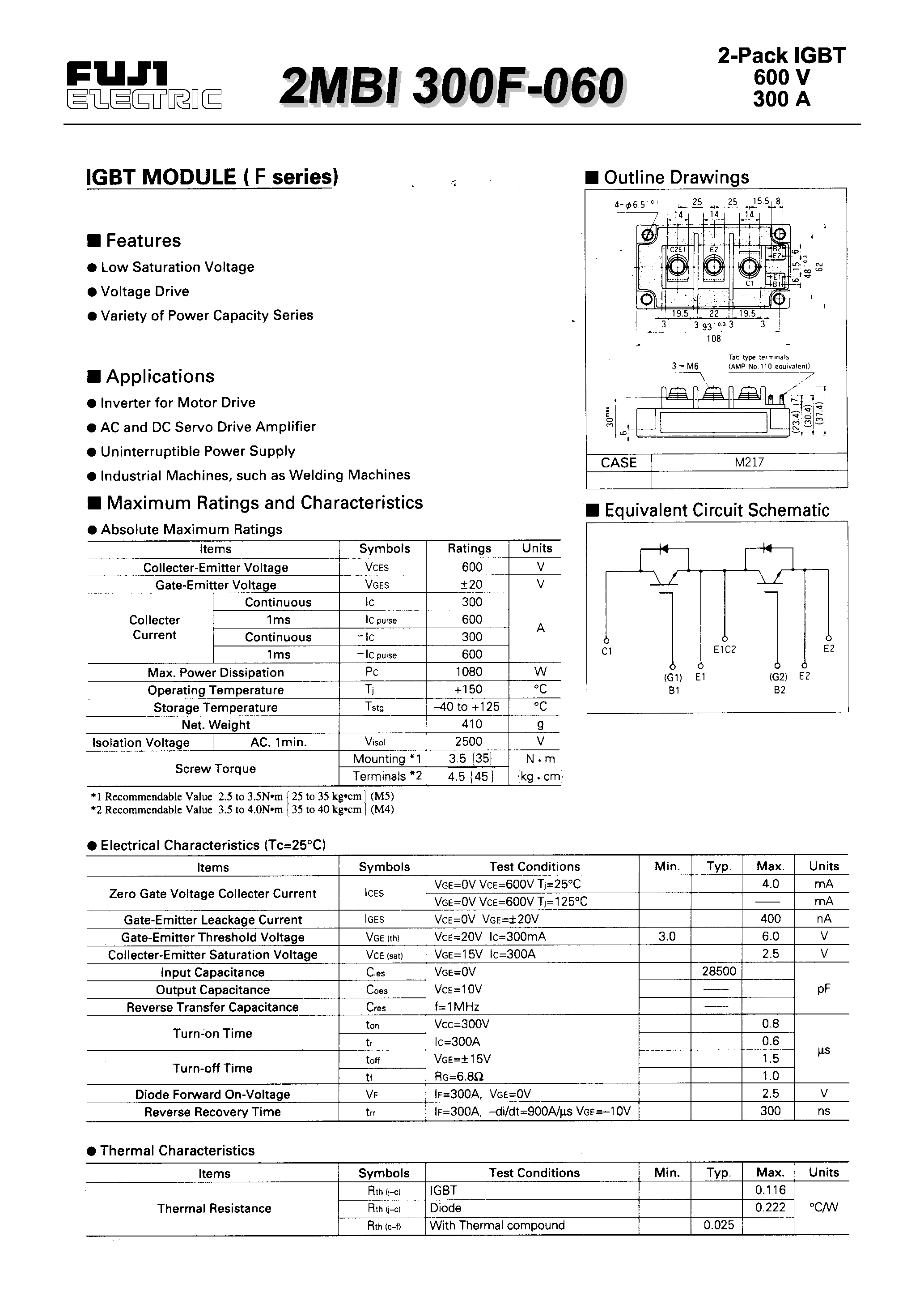 Даташит 2MBI300F-060 - IGBT MODULE(F series) страница 1