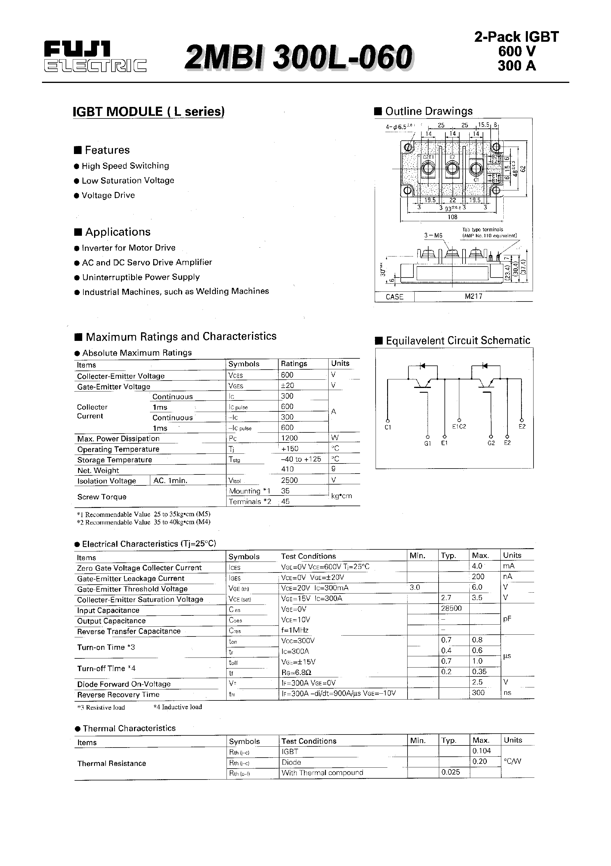 Datasheet 2MBI300L-060 - IGBT MODULE(L series) page 1