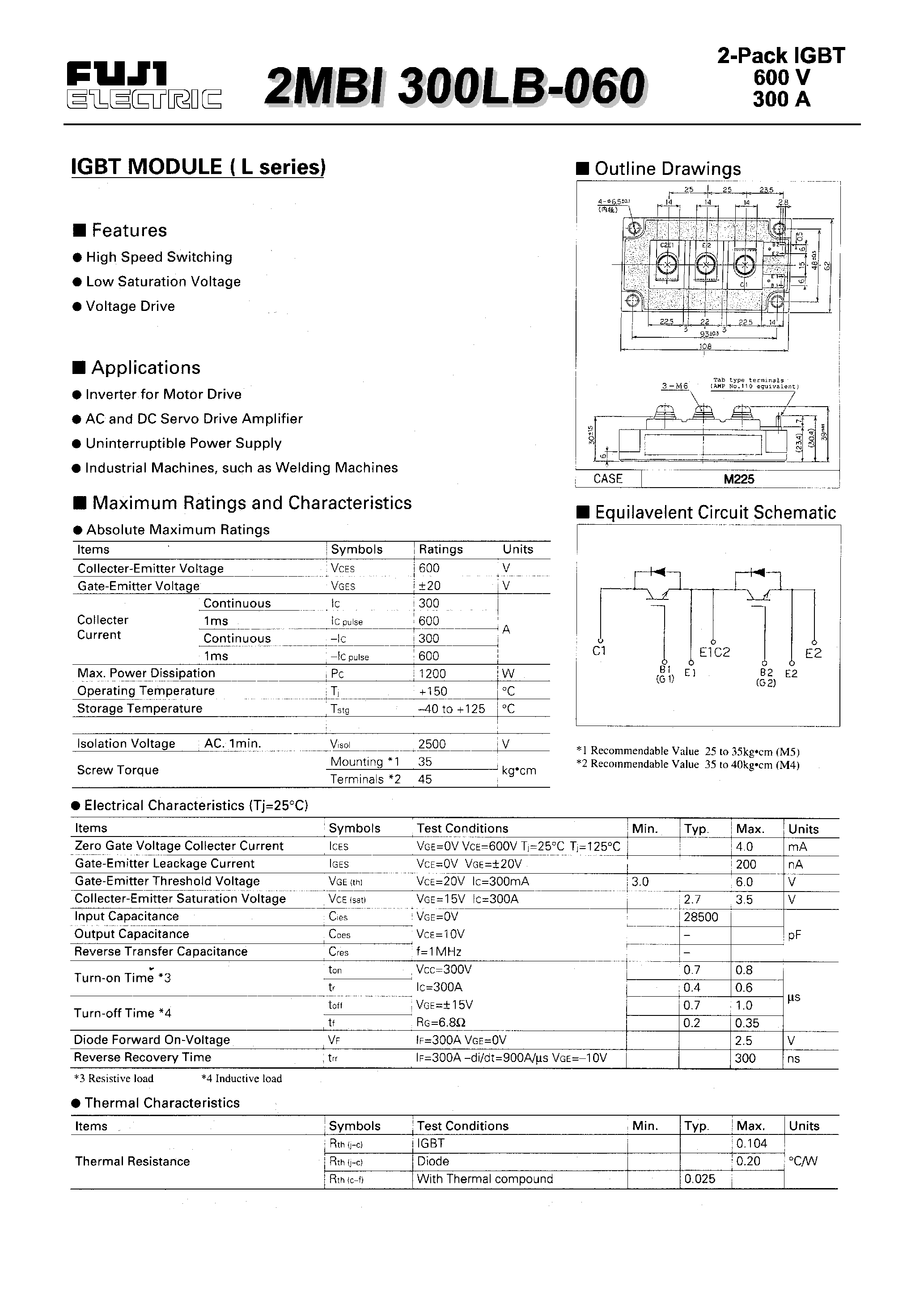 Datasheet 2MBI300LB-060 - IGBT MODULE(L series) page 1