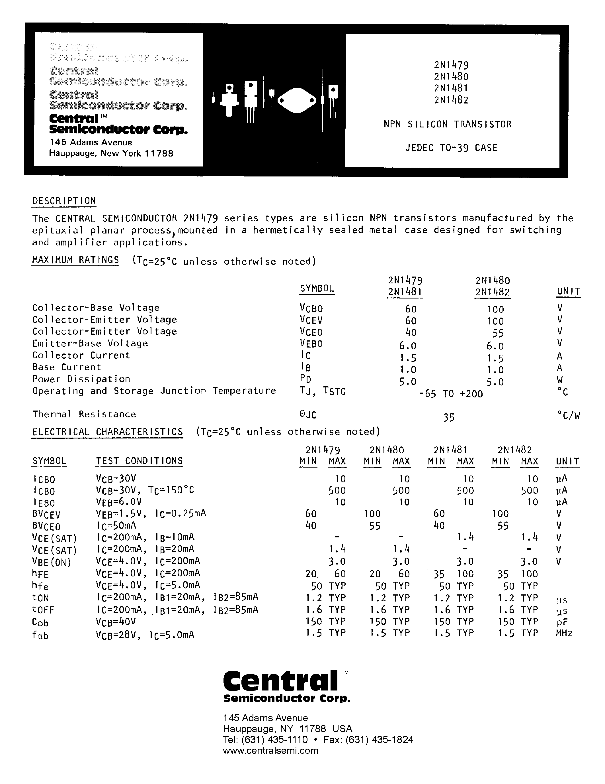 Datasheet 2N1480 - NPN SILICON TRANSISTOR page 1