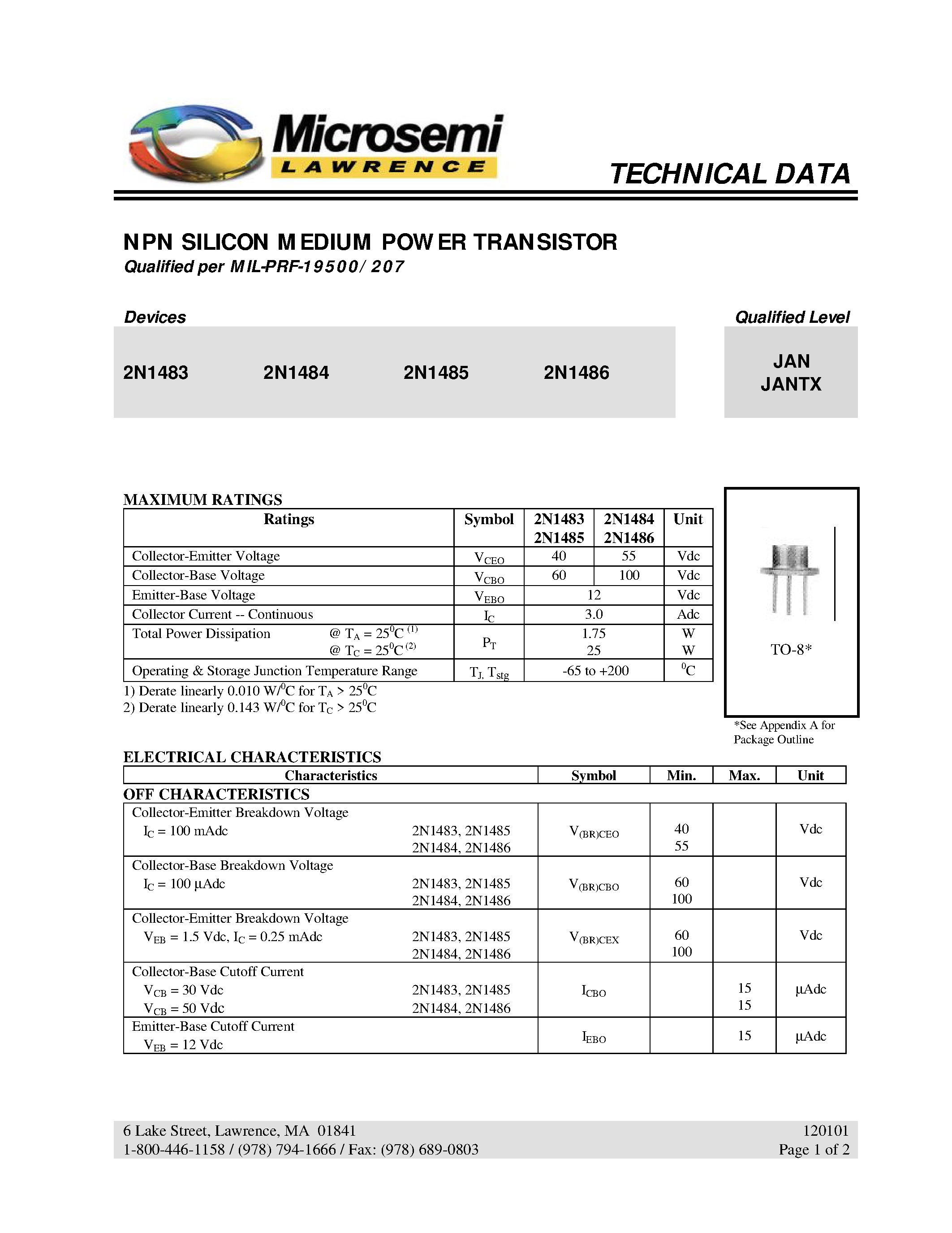 Datasheet 2N1483 - NPN SILICON MEDIUM POWER TRANSISTOR page 1