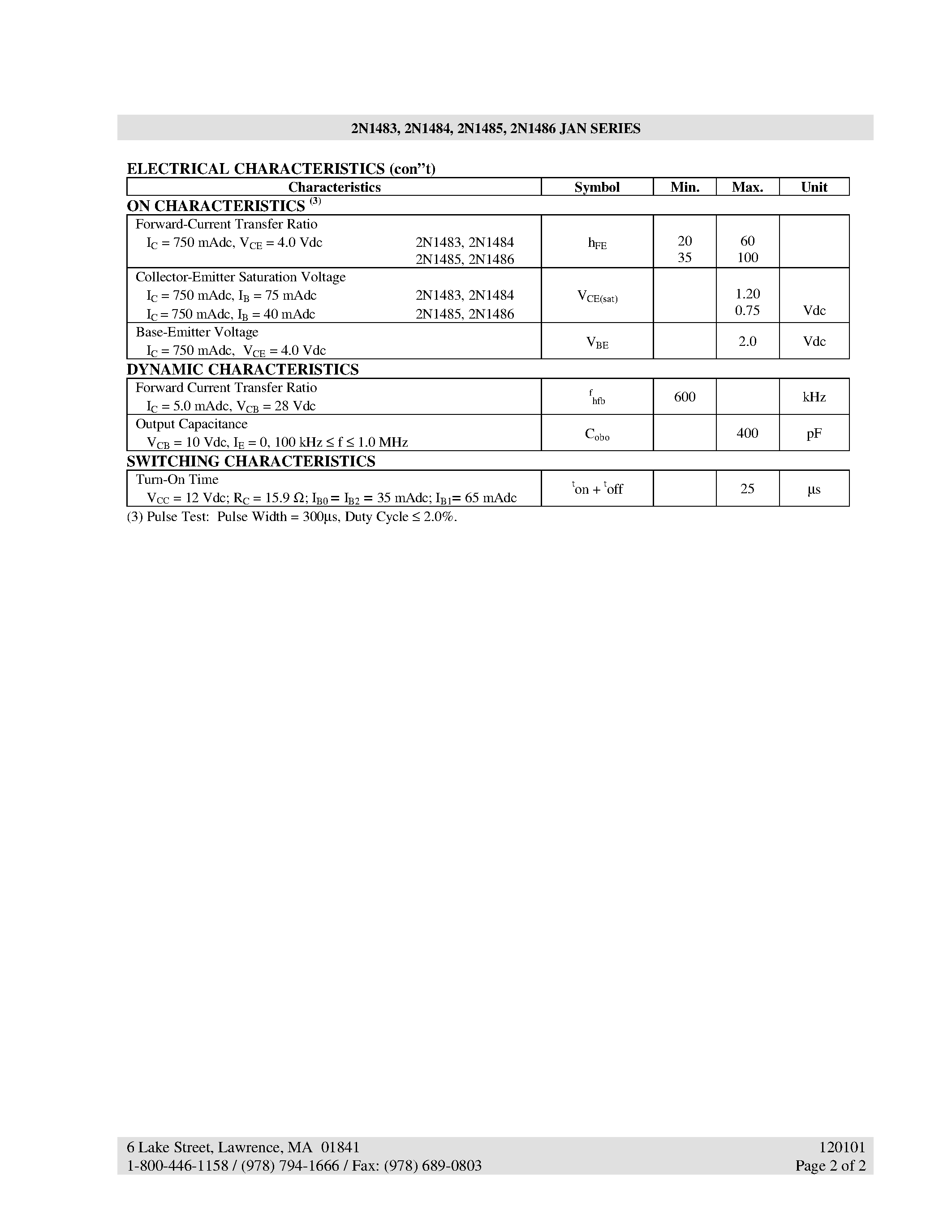 Datasheet 2N1483 - NPN SILICON MEDIUM POWER TRANSISTOR page 2