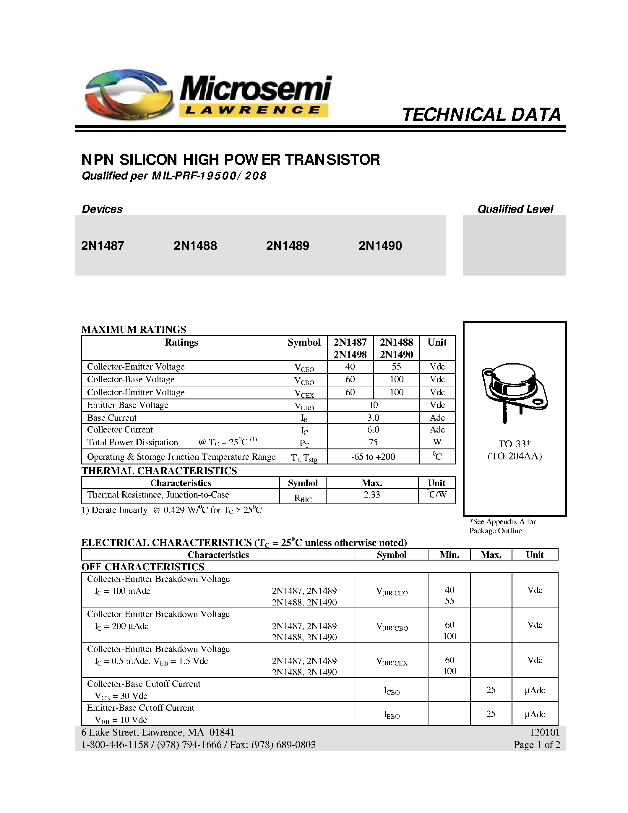 Datasheet 2N1487 - NPN SILICON HIGH POWER TRANSISTOR page 1