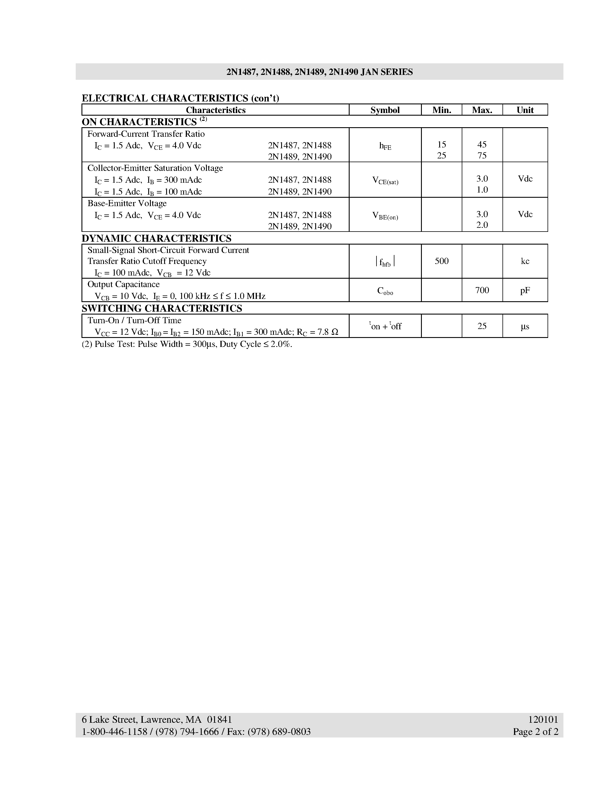 Datasheet 2N1487 - NPN SILICON HIGH POWER TRANSISTOR page 2