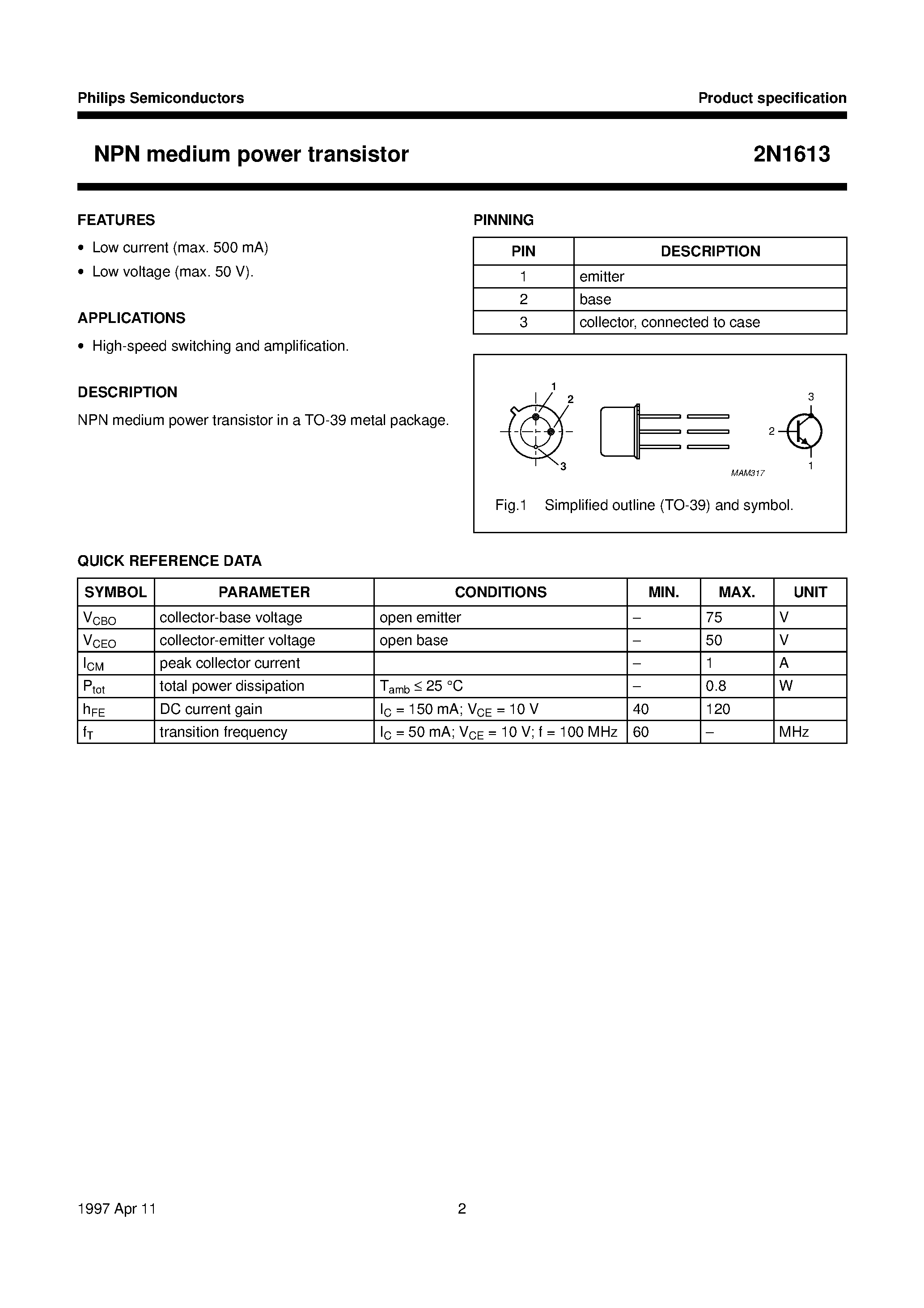 Даташит 2N1613 - NPN medium power transistor страница 2