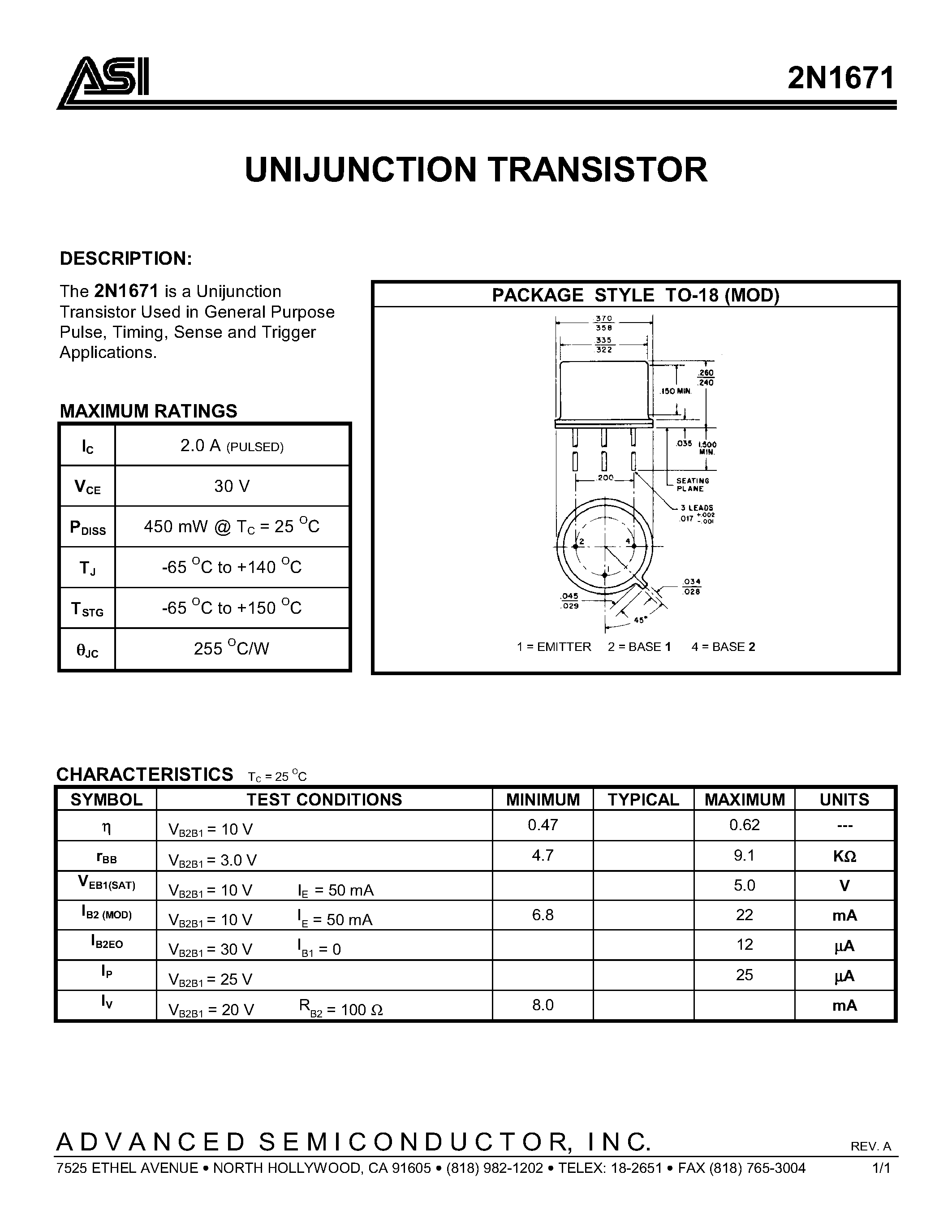 Даташит 2N1671 - UNIJUNCTION TRANSISTOR страница 1