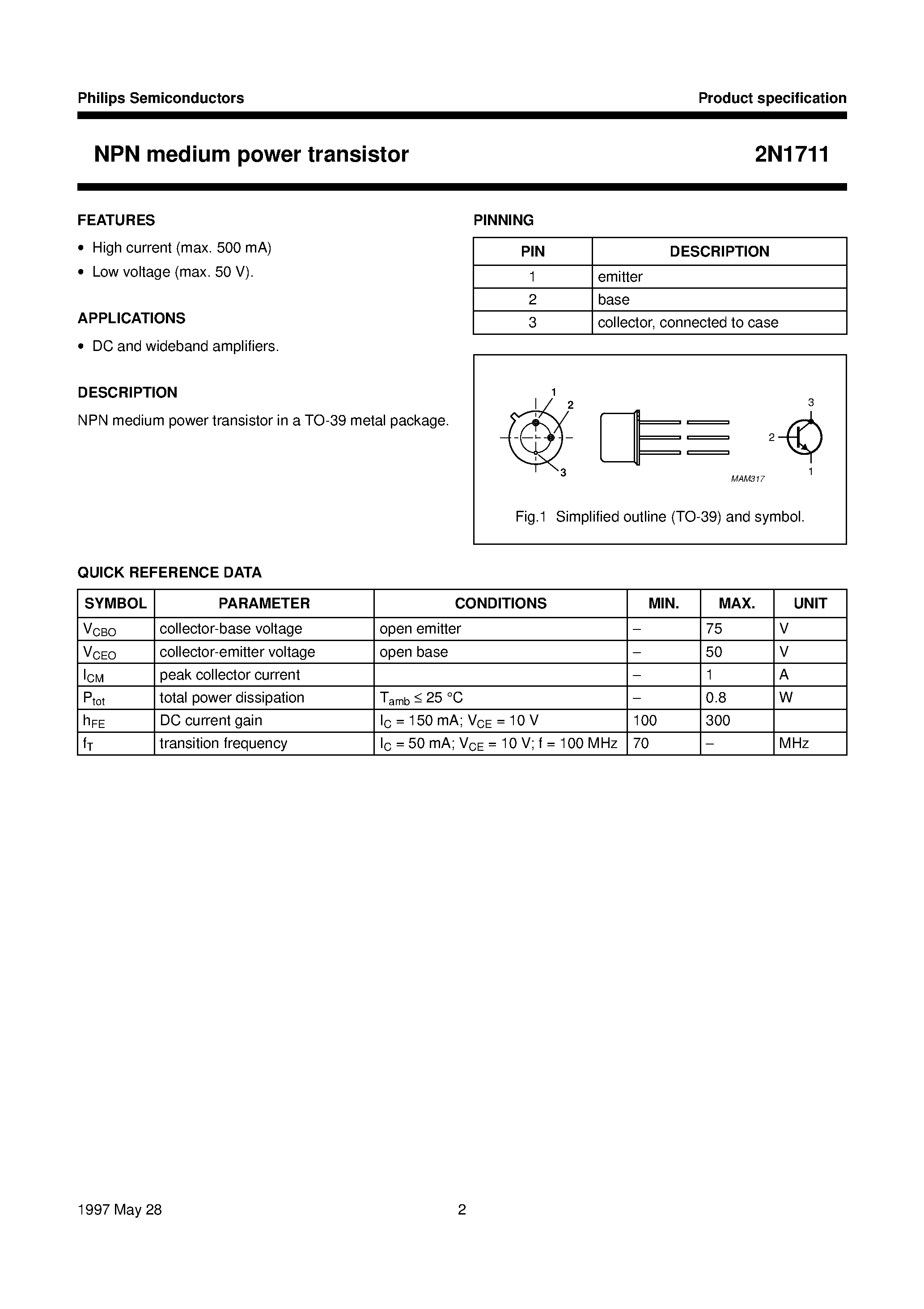 Даташит 2N1711 - NPN medium power transistor страница 2