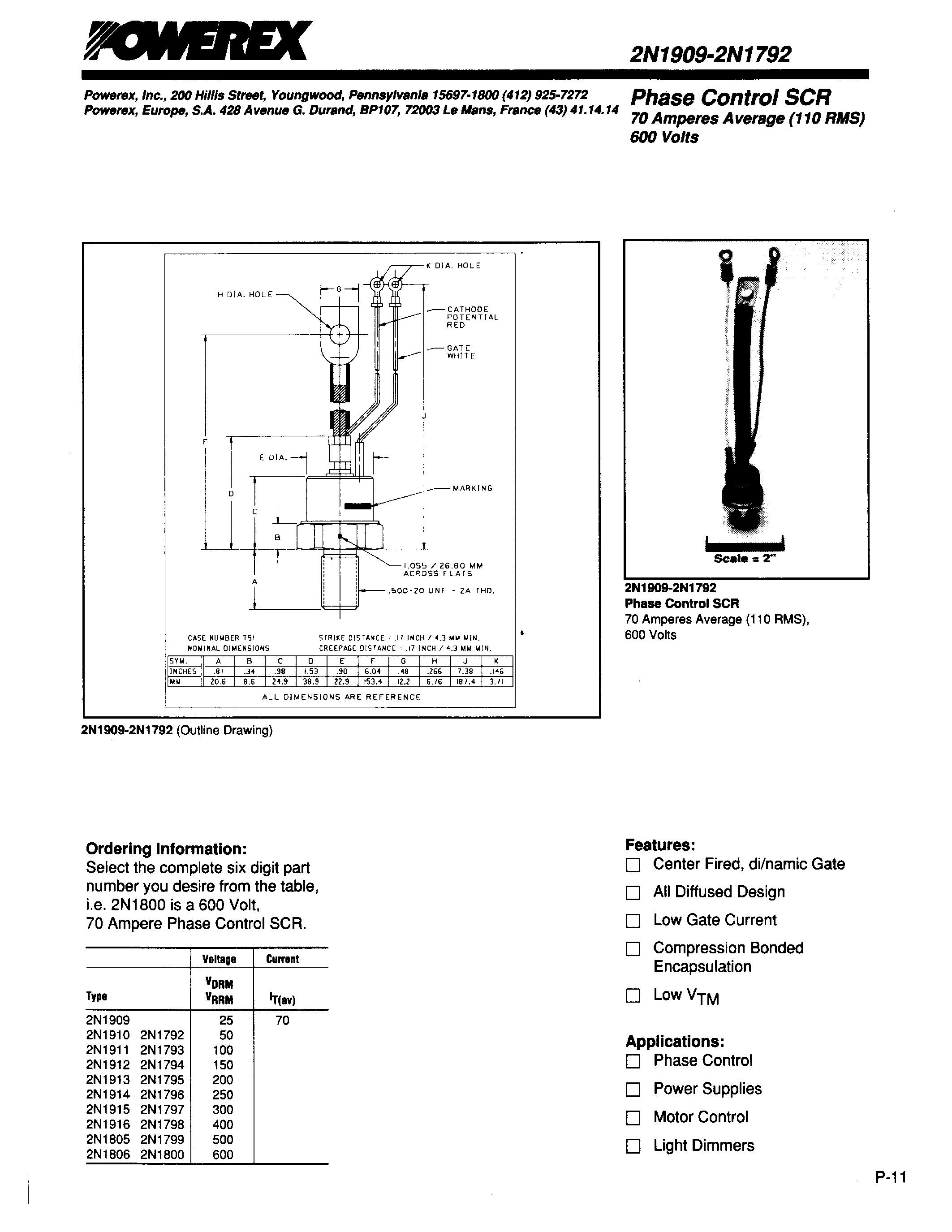 Datasheet 2N1793 - Phase Control SCR 70 Amoeres Average(110 RMS) 600 Volts page 1