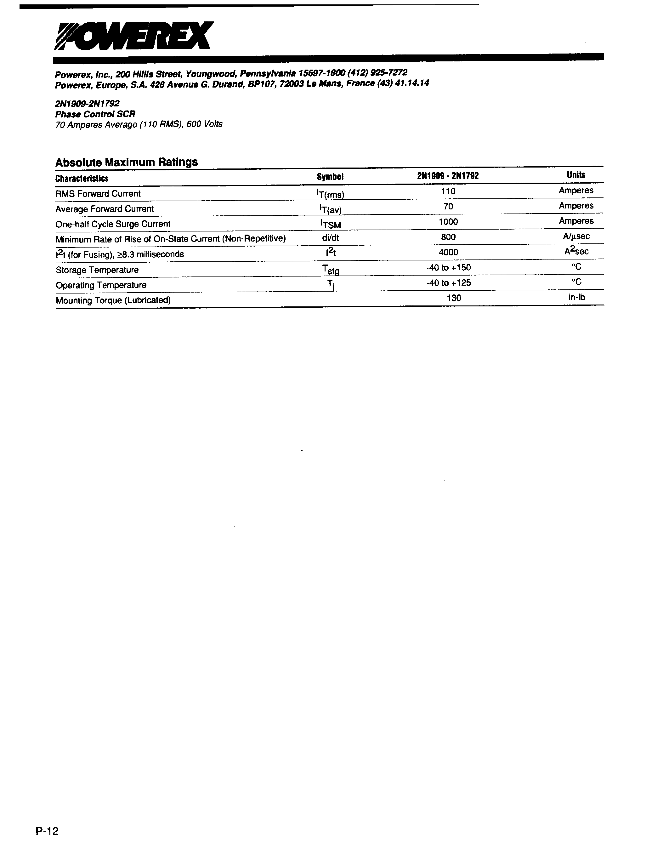 Datasheet 2N1793 - Phase Control SCR 70 Amoeres Average(110 RMS) 600 Volts page 2