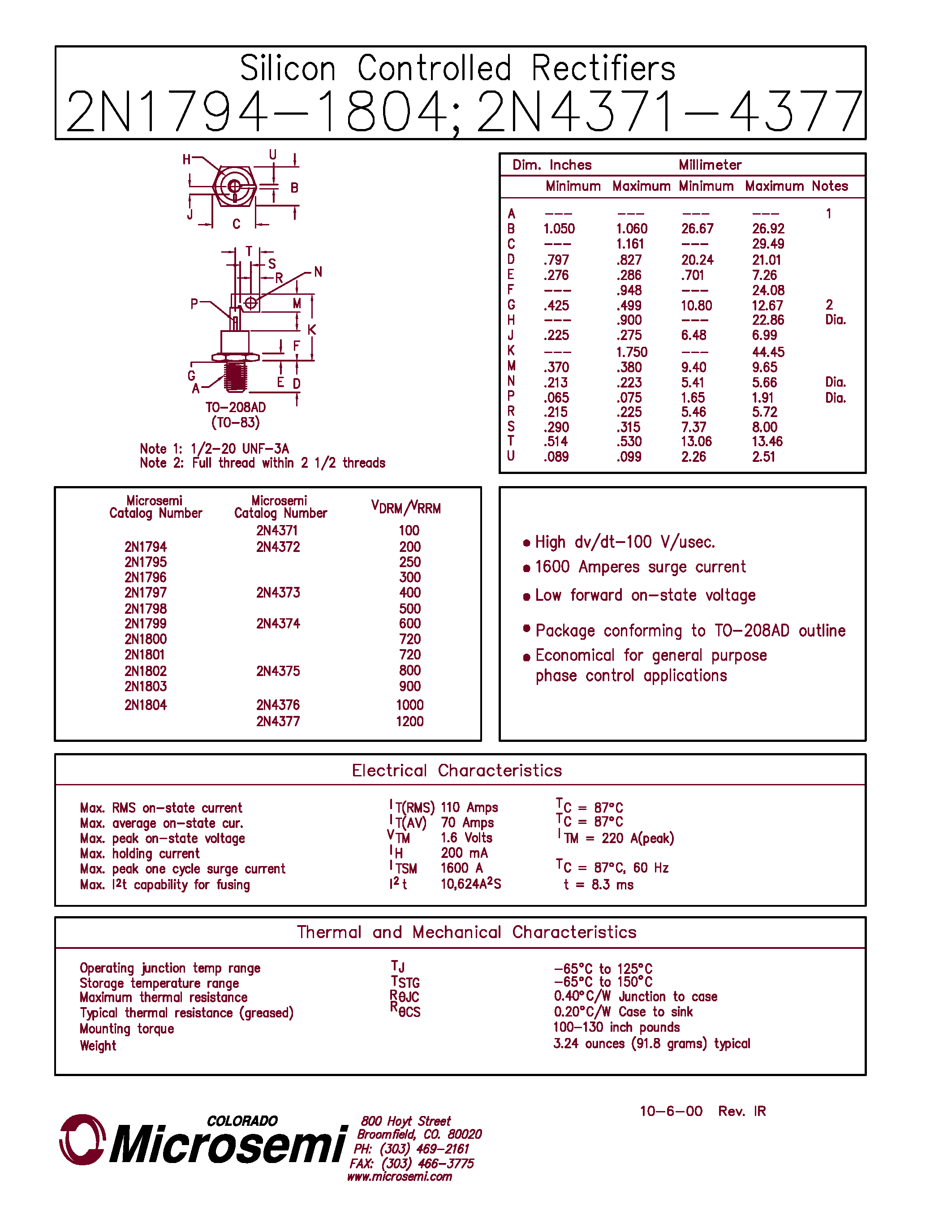 Datasheet 2N1794 - Silicon Controlled Rectifier page 1