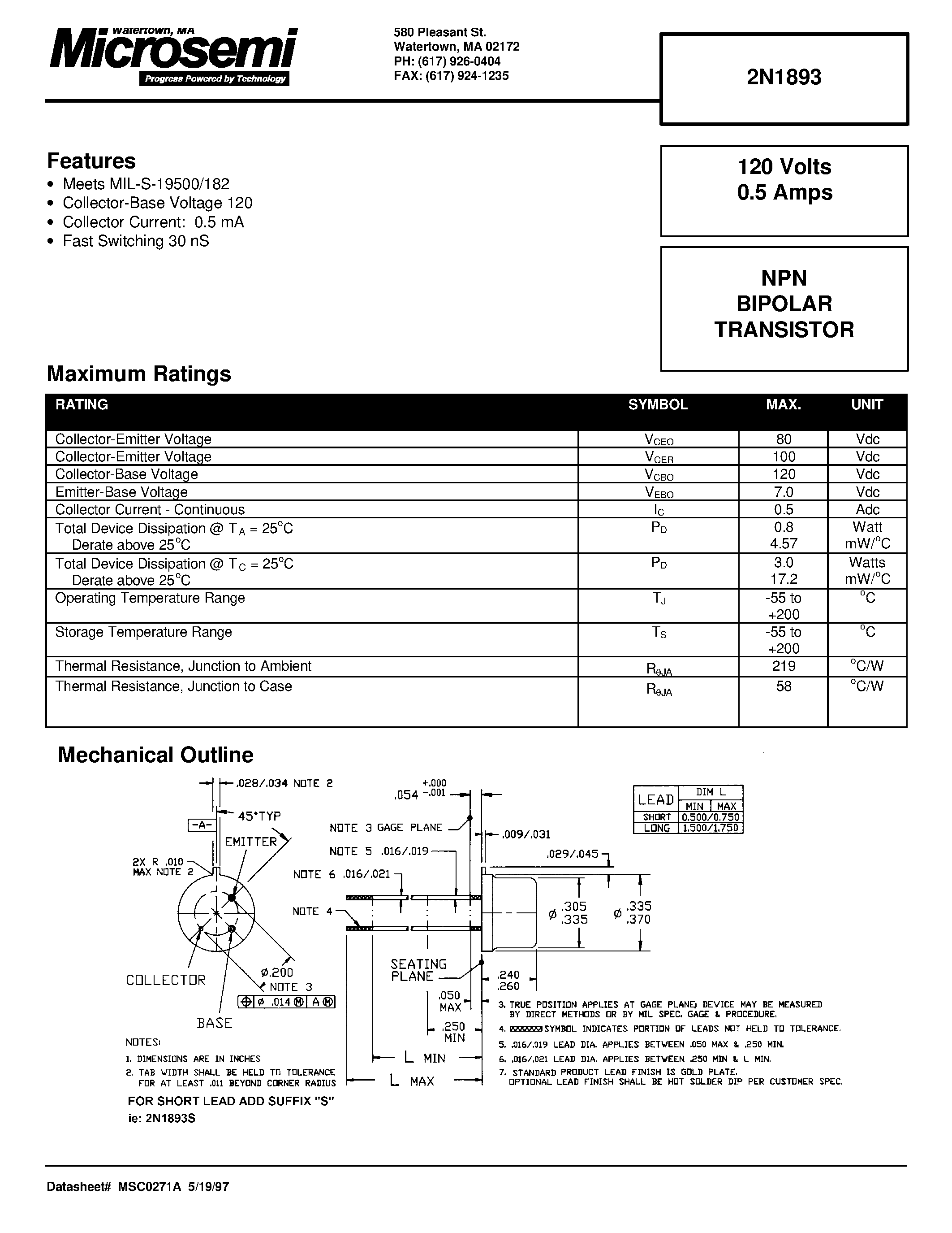 Даташит 2N1893 - NPN BIPOLAR TRANSISTOR страница 1